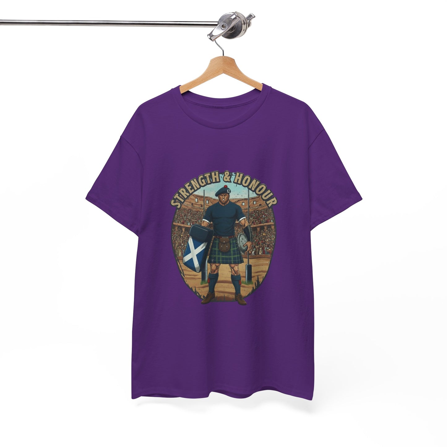 Purple t-shirt with a graphic of a Scottish rugby player wearing a kilt and `Strength & Honour` text on a white background, on a hanger.