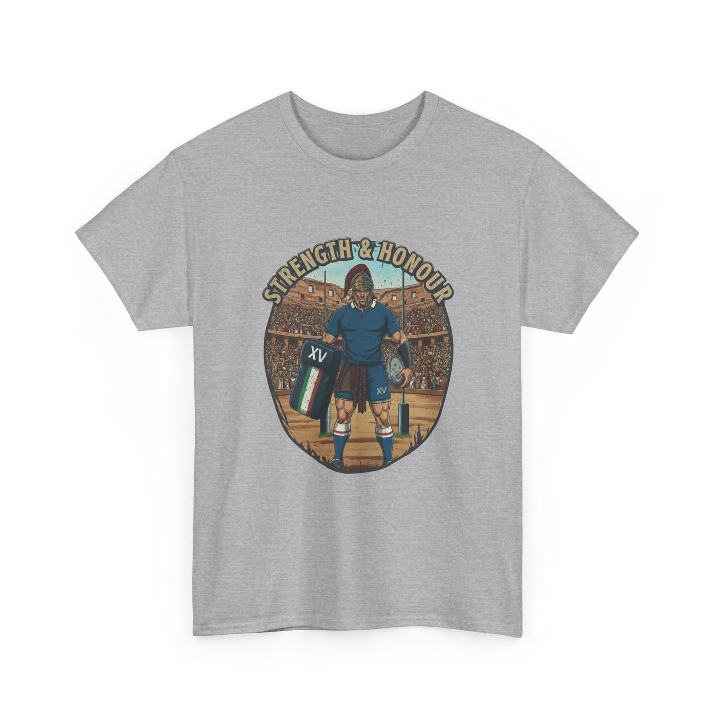 Light grey t-shirt with a graphic of an Italian rugby player with `Strength & Honour` text on a white background