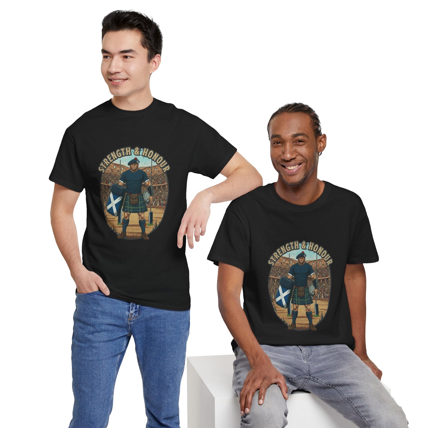 Two men wearing a Black t-shirt with a graphic of a Scottish rugby player wearing a kilt and `Strength & Honour` text on a white background