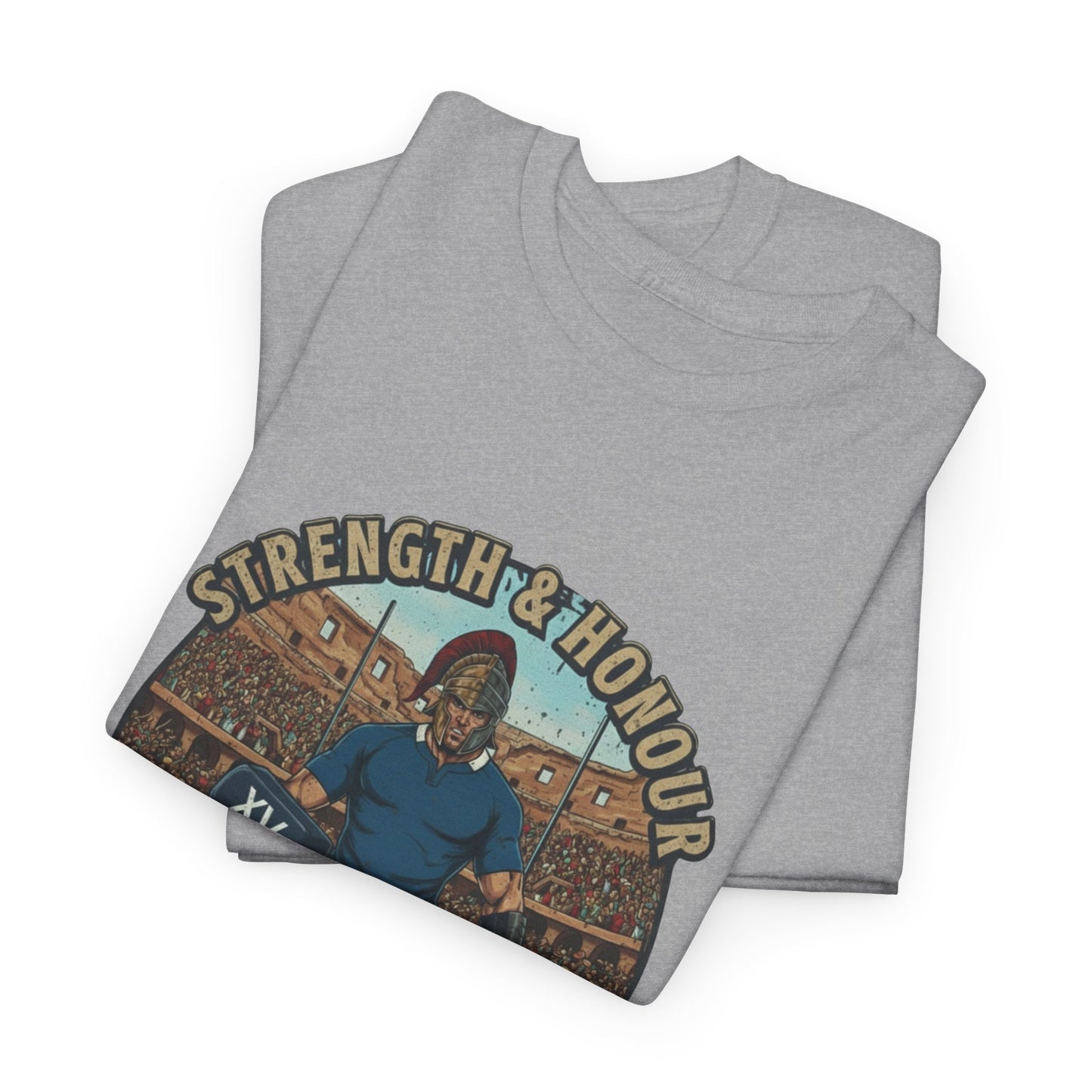 Folded Light grey t-shirt with a graphic of an Italian rugby player with `Strength & Honour` text on a white background