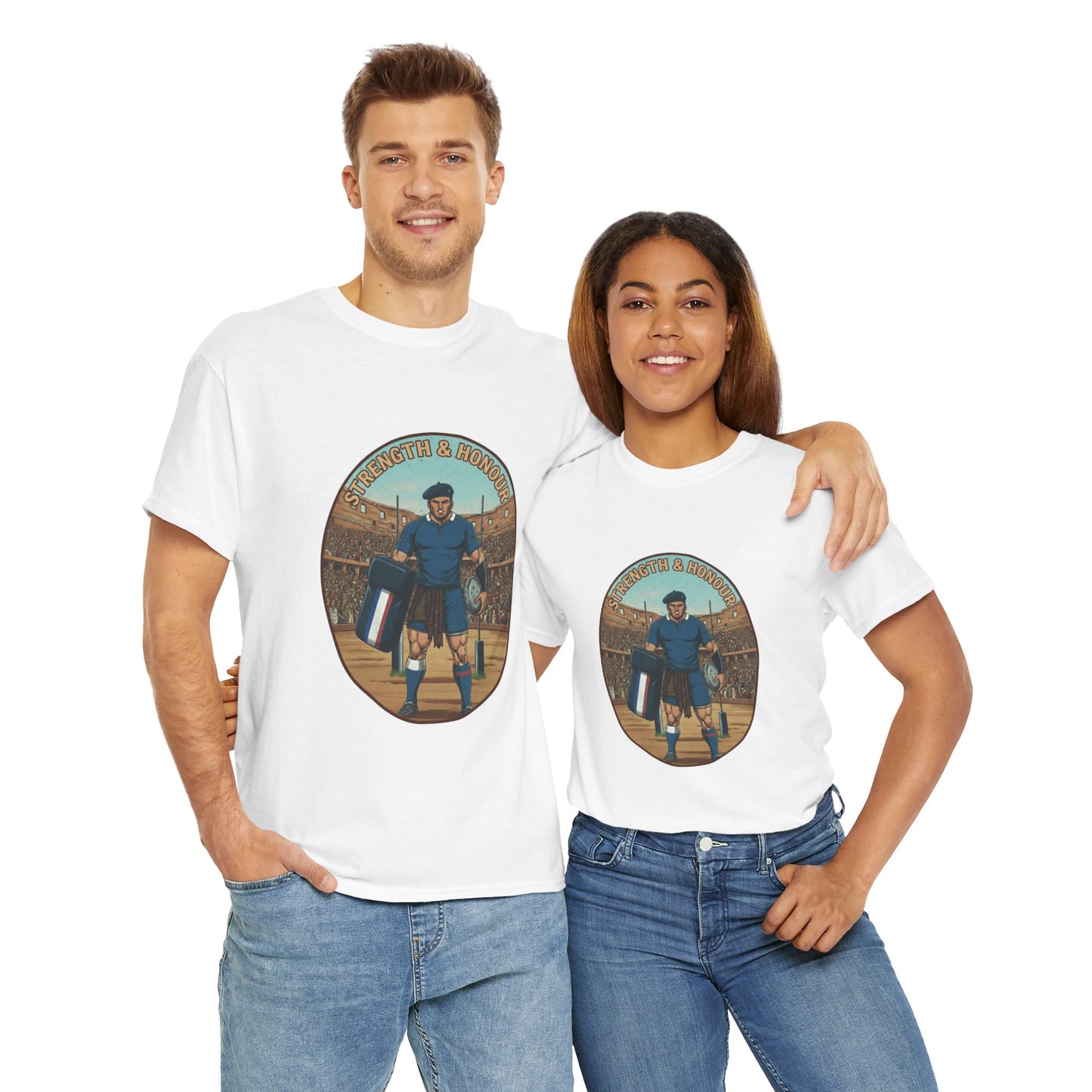 Couple wearing a White t-shirt with a graphic of a French rugby player, with 'Strength & Honour' text, on a white background.