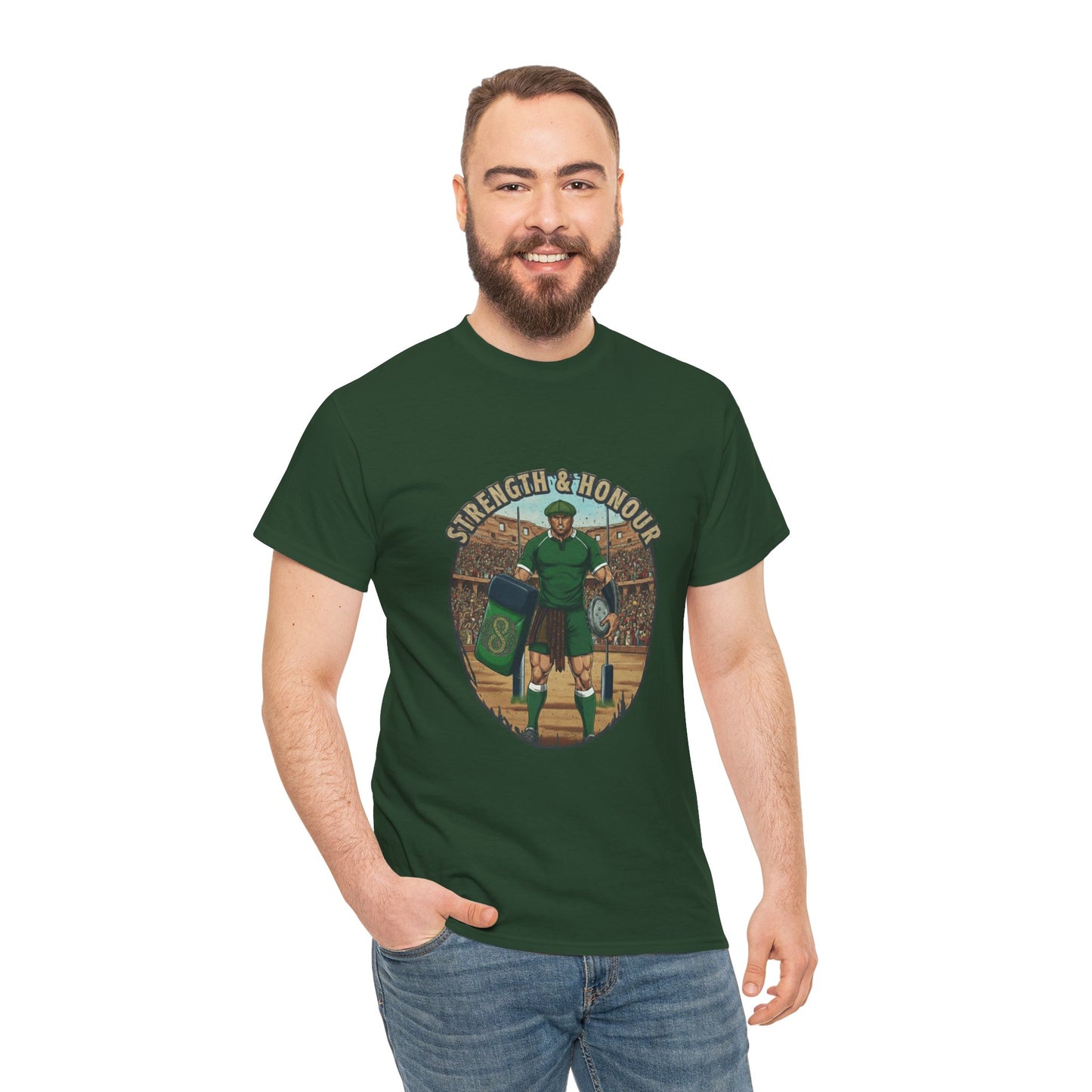 Man wearing Green t-shirt with a graphic of a Irish rugby player with `Strength & Honour` text on a white background