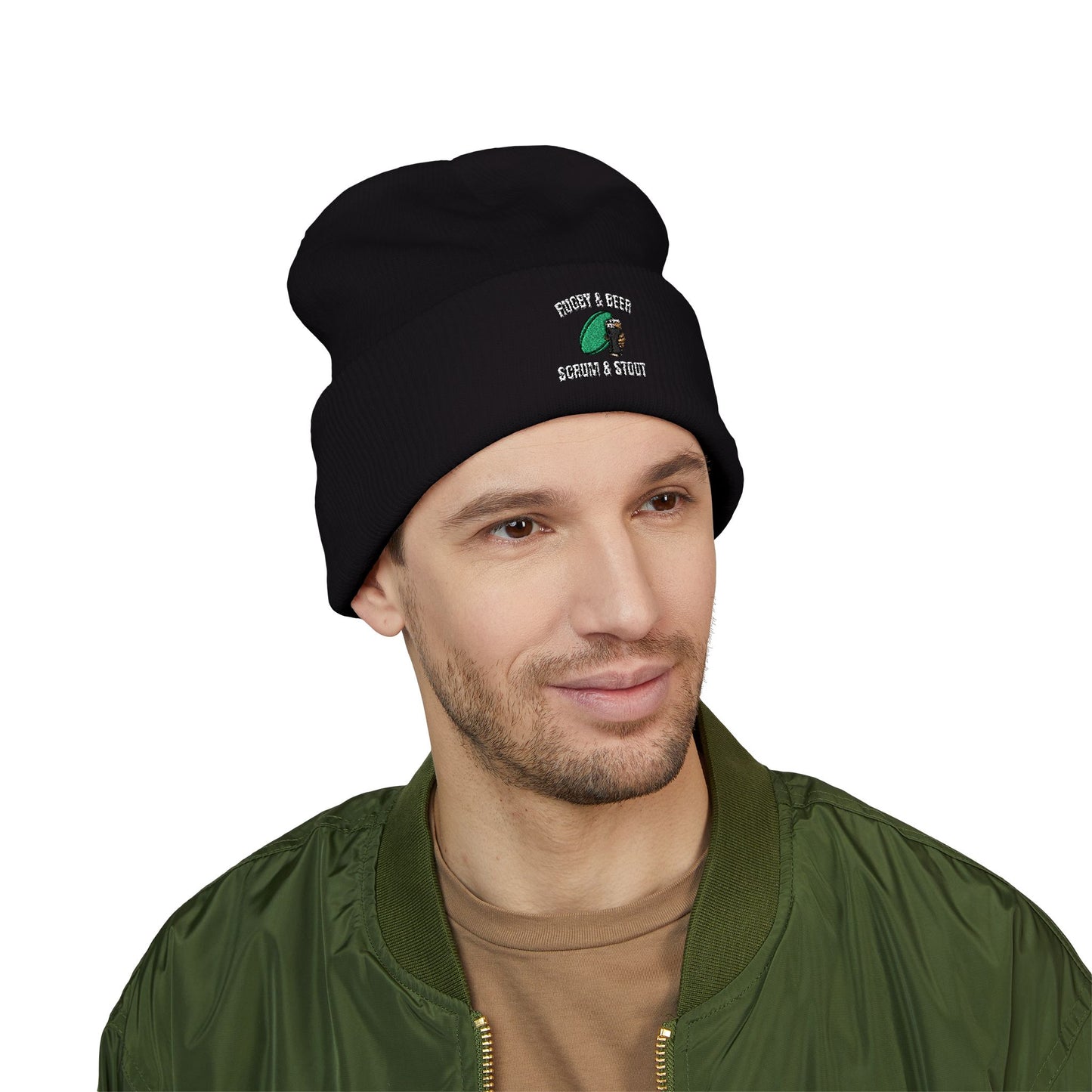 Scrum & Stout Navy Beanie | Irish Rugby Fan Knit Hat | Rugby & Beer Cuffed Beanie