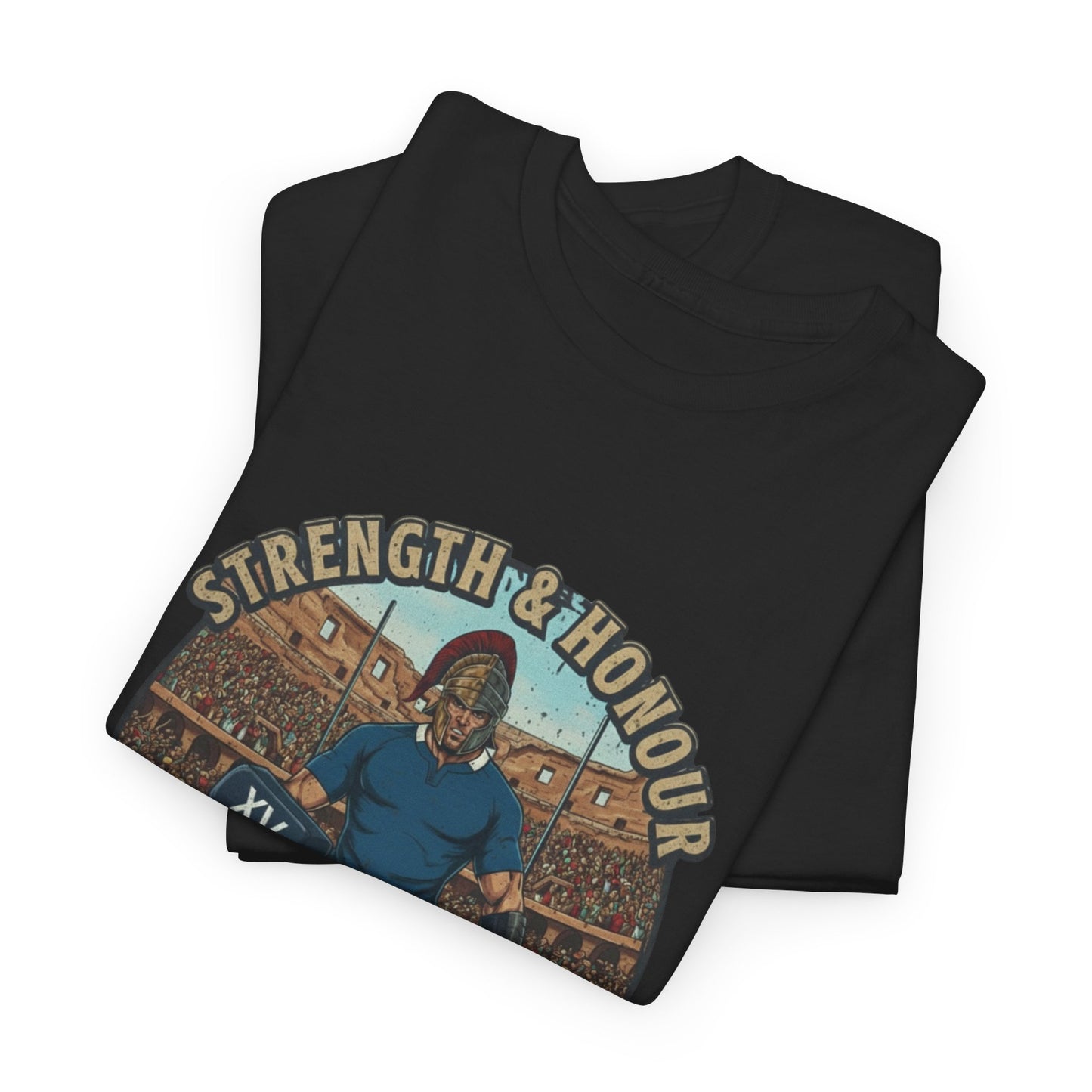 Folded Black t-shirt with a graphic of an Italian rugby player with `Strength & Honour` text on a white background