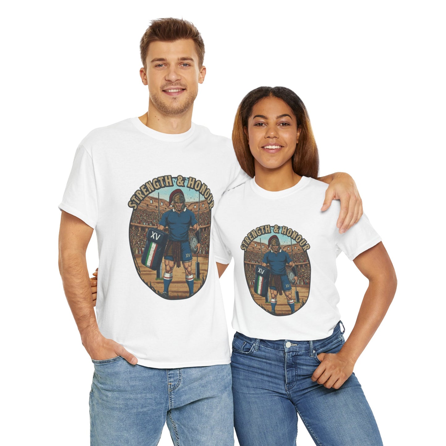 Couple wearing White t-shirt with a graphic of an Italian rugby player with `Strength & Honour` text on a white background