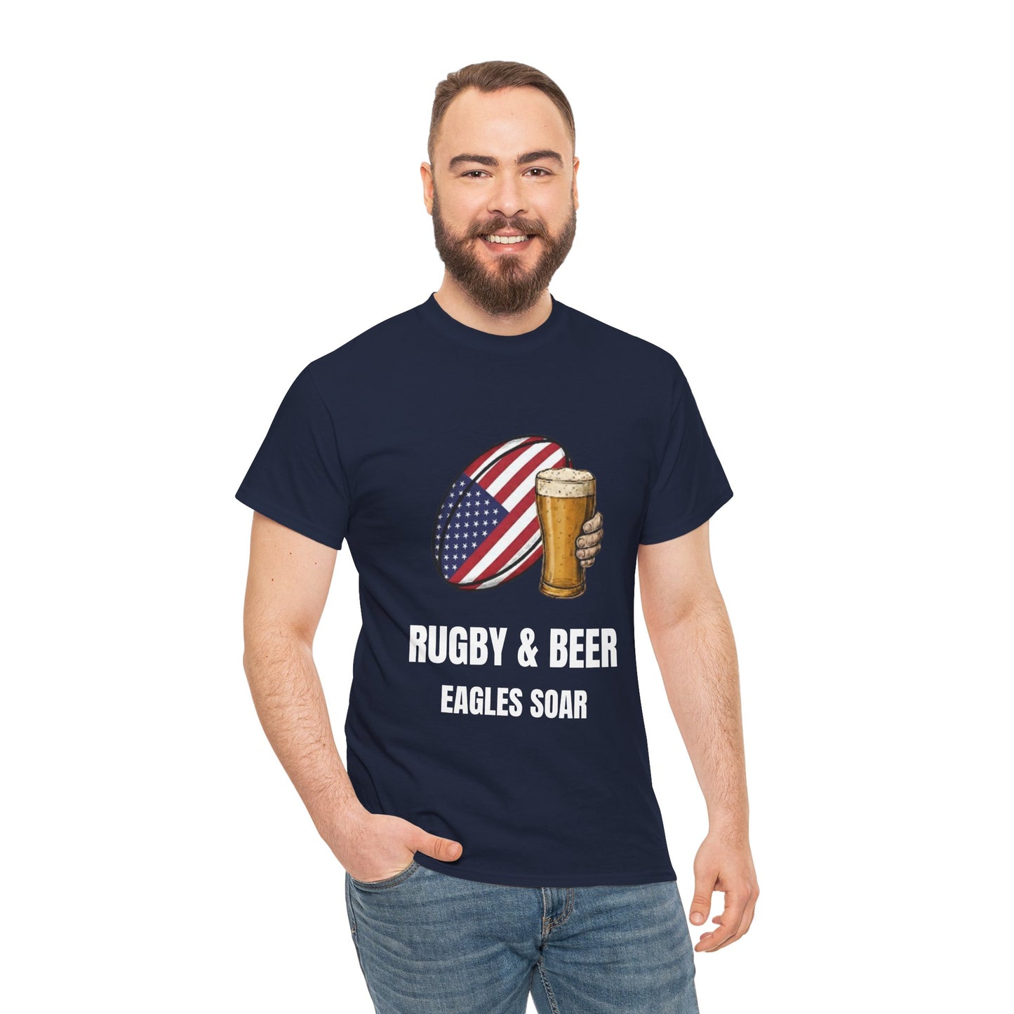 Man wearing Navy blue Eagles Soar t-shirt with rugby and beer graphic and text on a white background