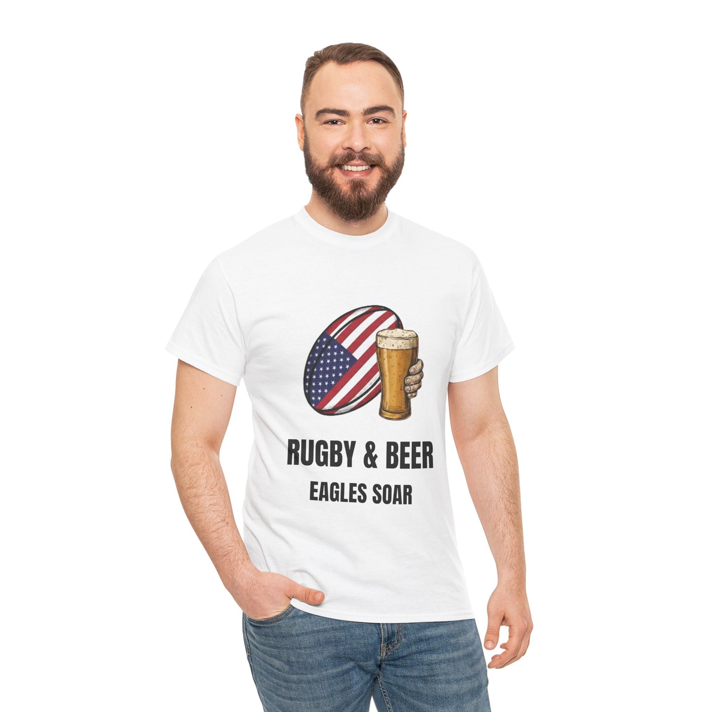 Man wearing White Eagles Soar t-shirt with rugby and beer graphic and text on a white background