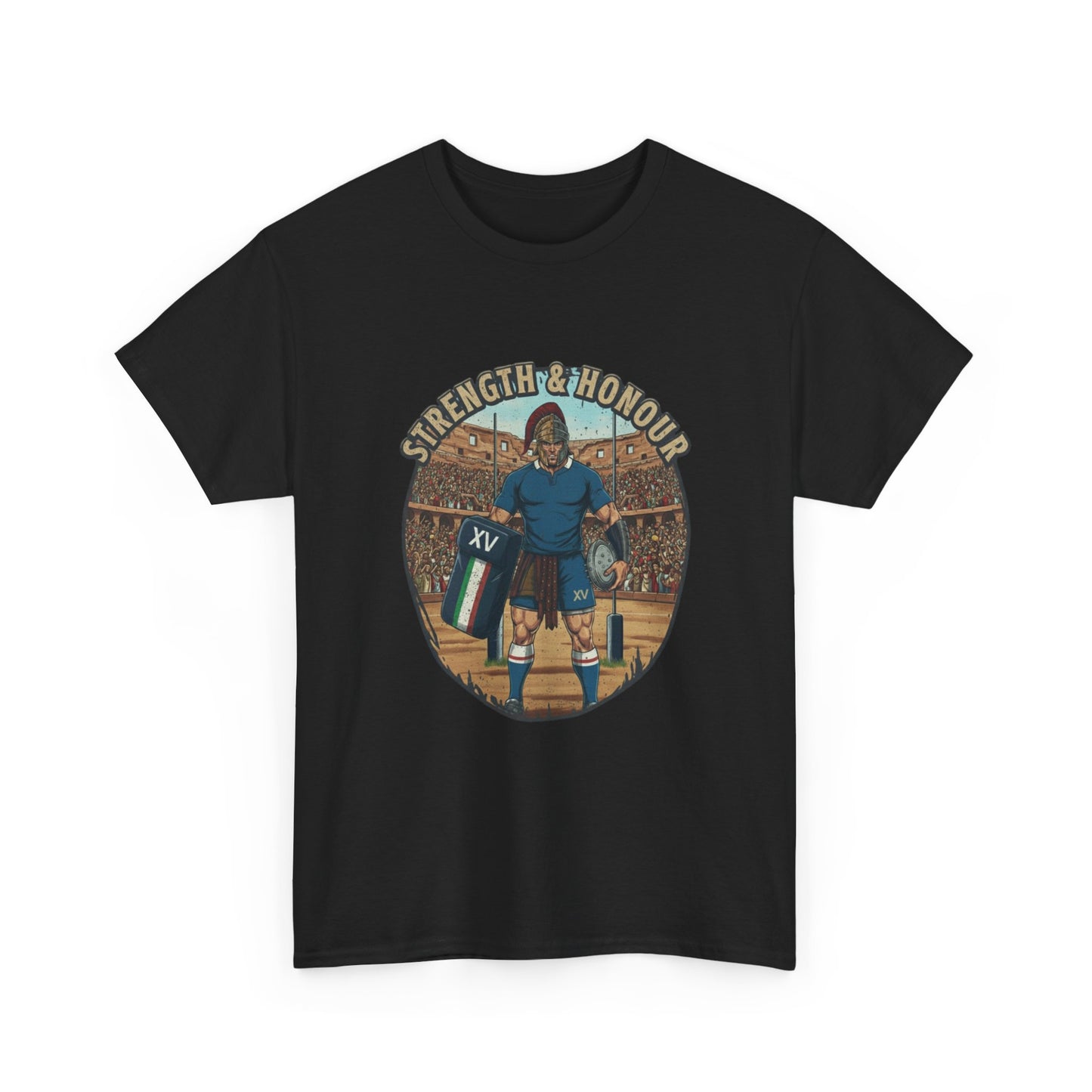 Black t-shirt with a graphic of an Italian rugby player with `Strength & Honour` text on a white background