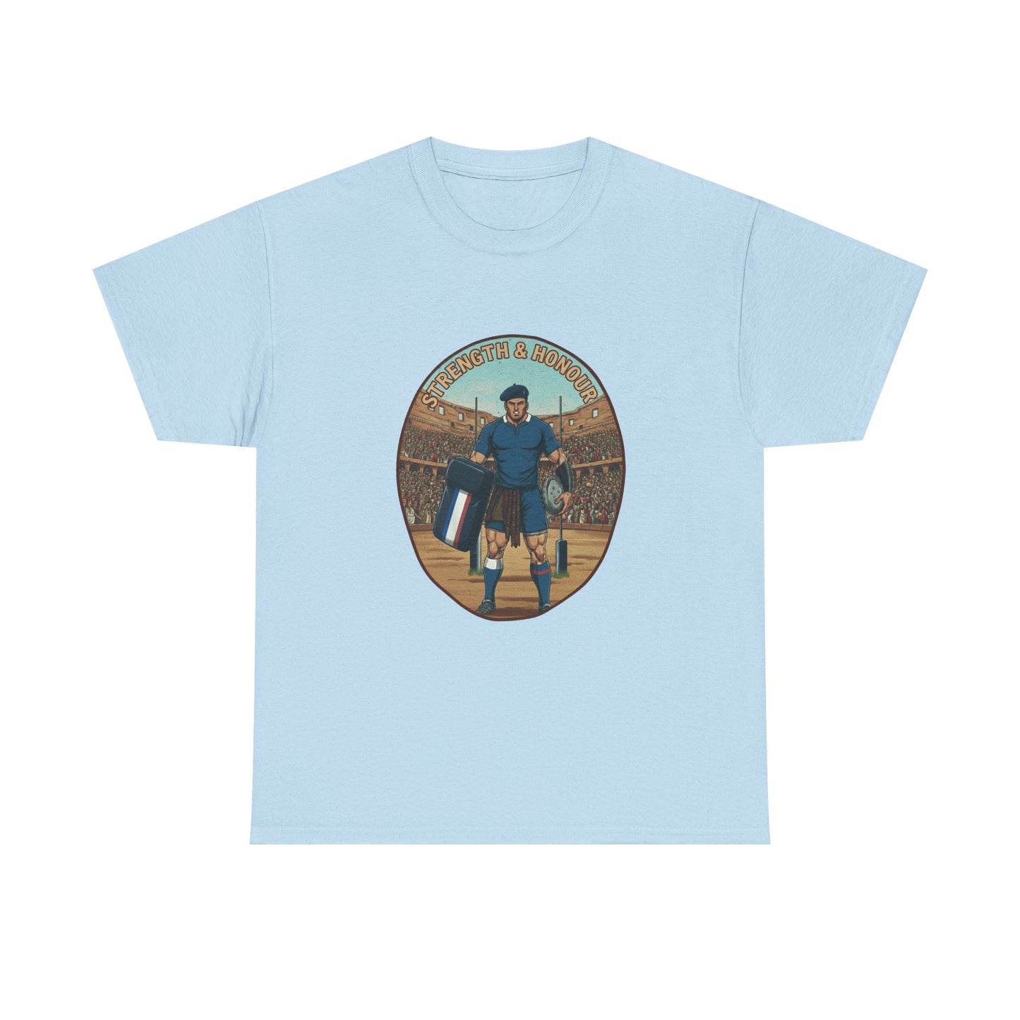 Light blue t-shirt with a graphic of a French Rugby player with `Strength & Honour` text on a white background