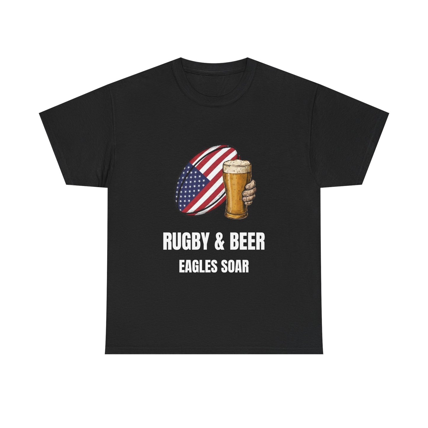 Black Eagles Soar t-shirt with rugby and beer graphic and text on a white background