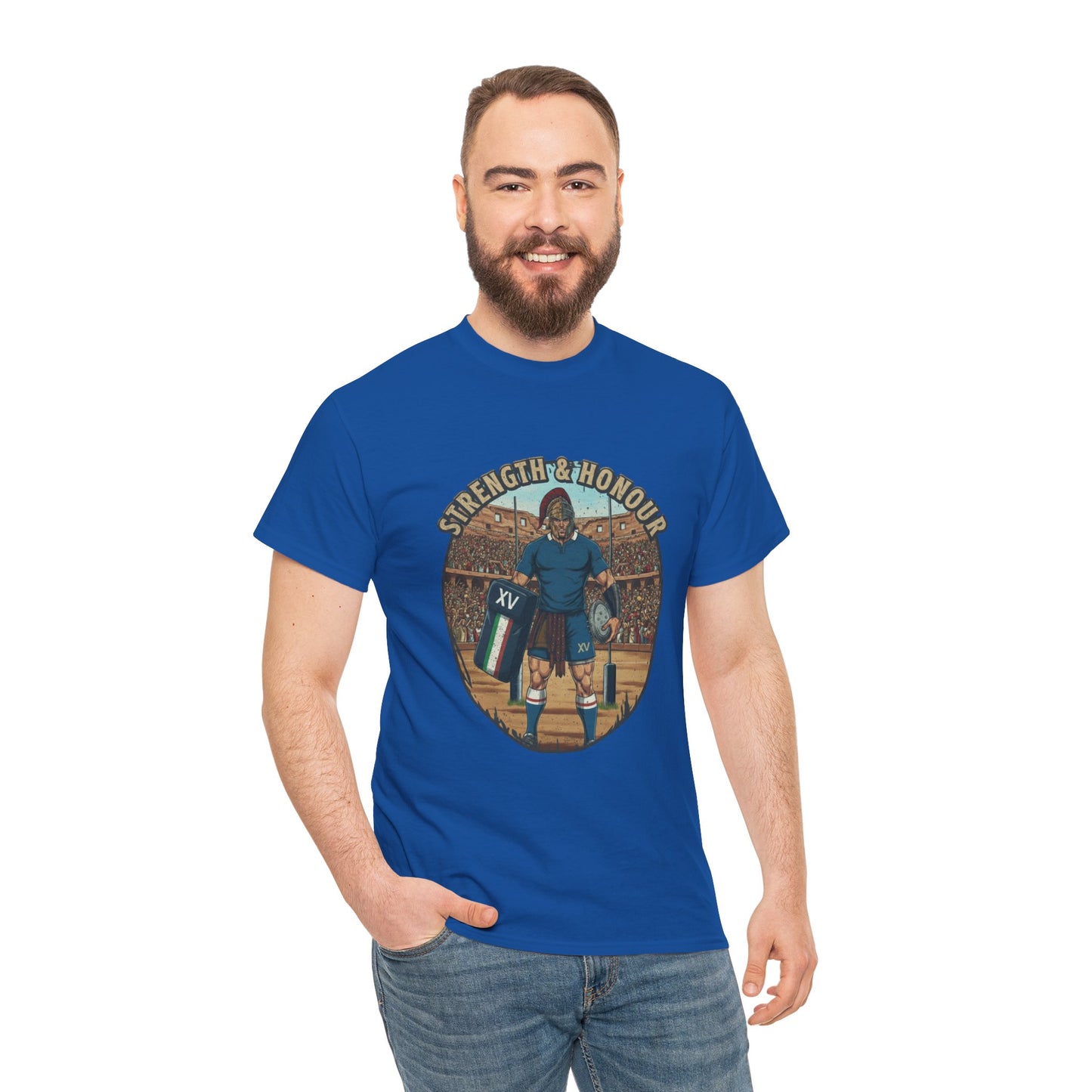 Man wearing Blue t-shirt with a graphic of an Italian rugby player with `Strength & Honour` text on a white background