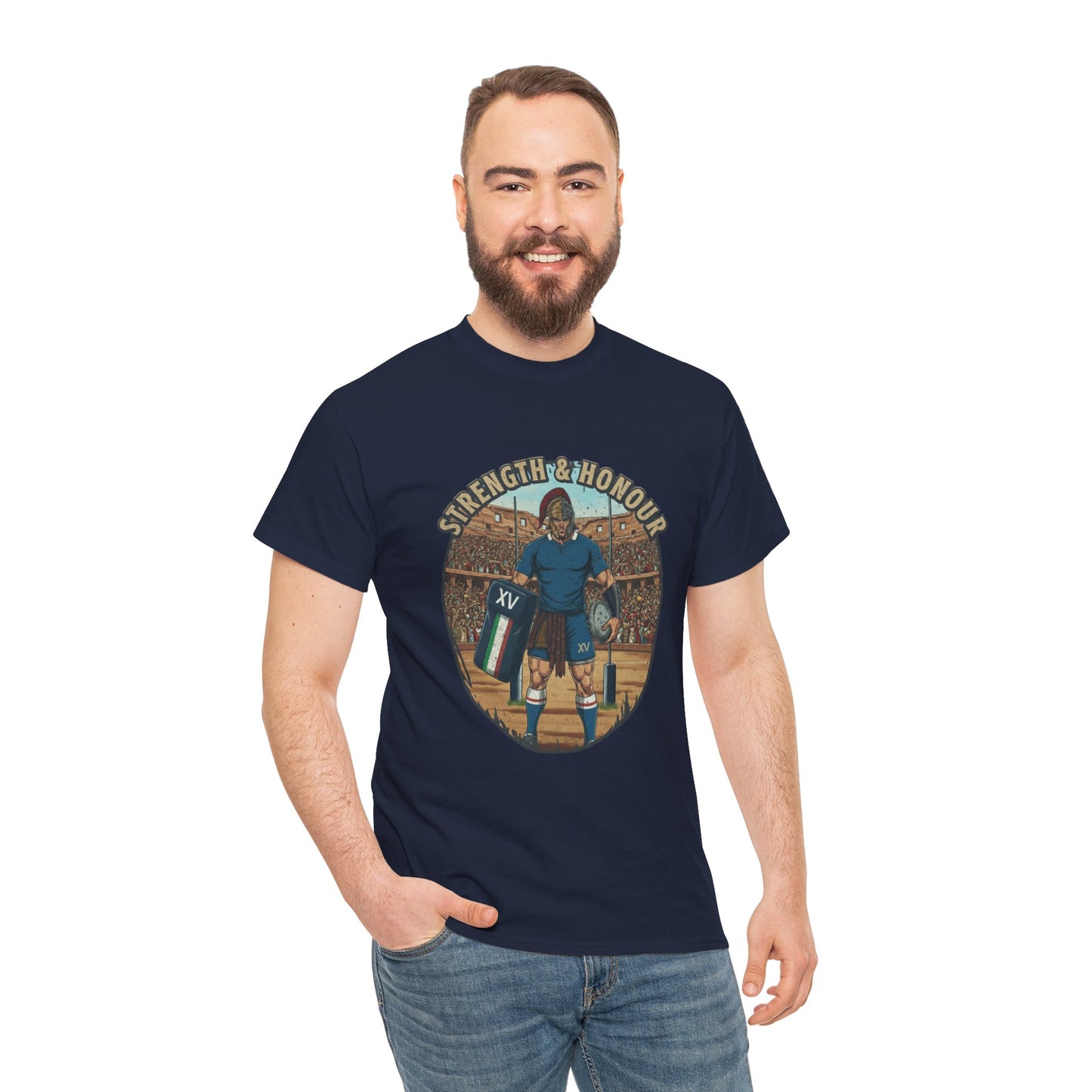 Man wearing Navy t-shirt with a graphic of an Italian rugby player with `Strength & Honour` text on a white background