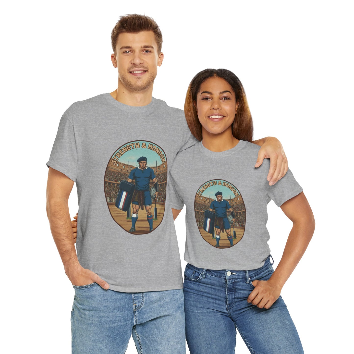 Couple wearing a grey t-shirt with a graphic of a French rugby player and `Strength & Honour` text on a white background