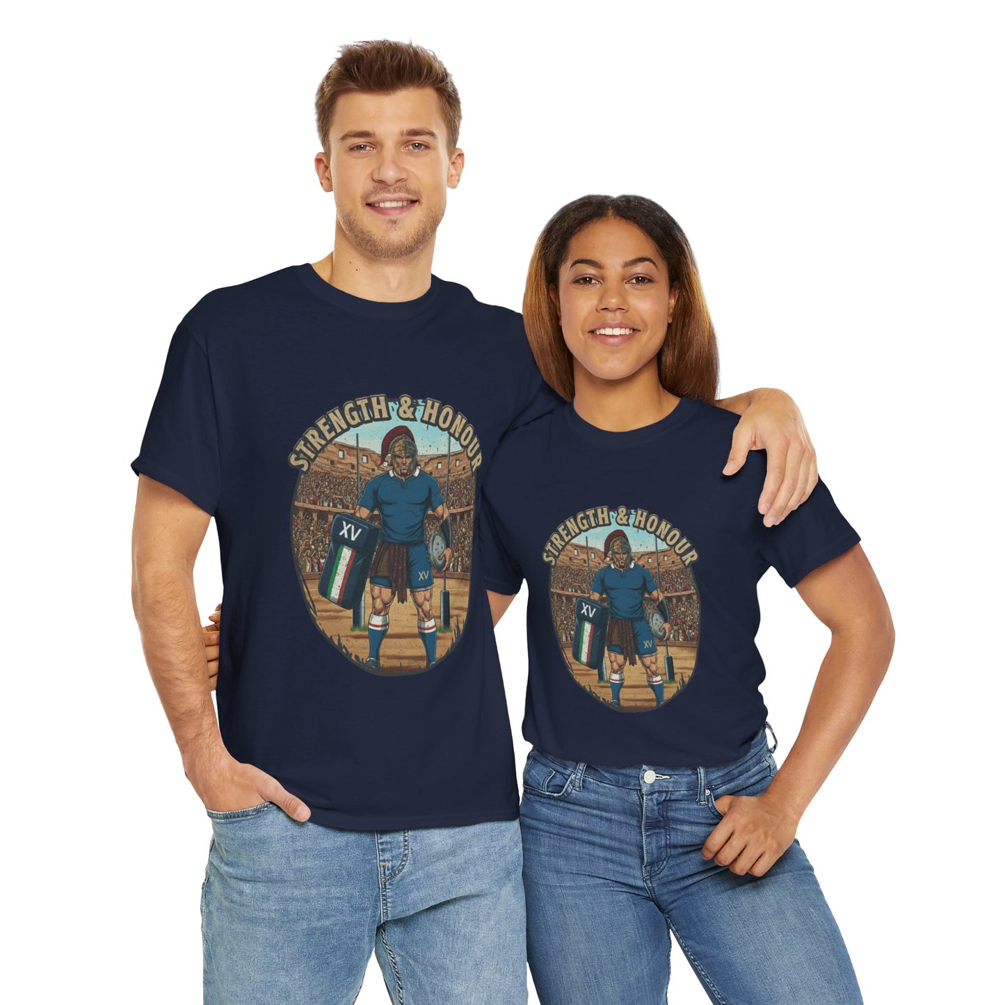 Couple wearing Navy t-shirt with a graphic of an Italian rugby player with `Strength & Honour` text on a white background