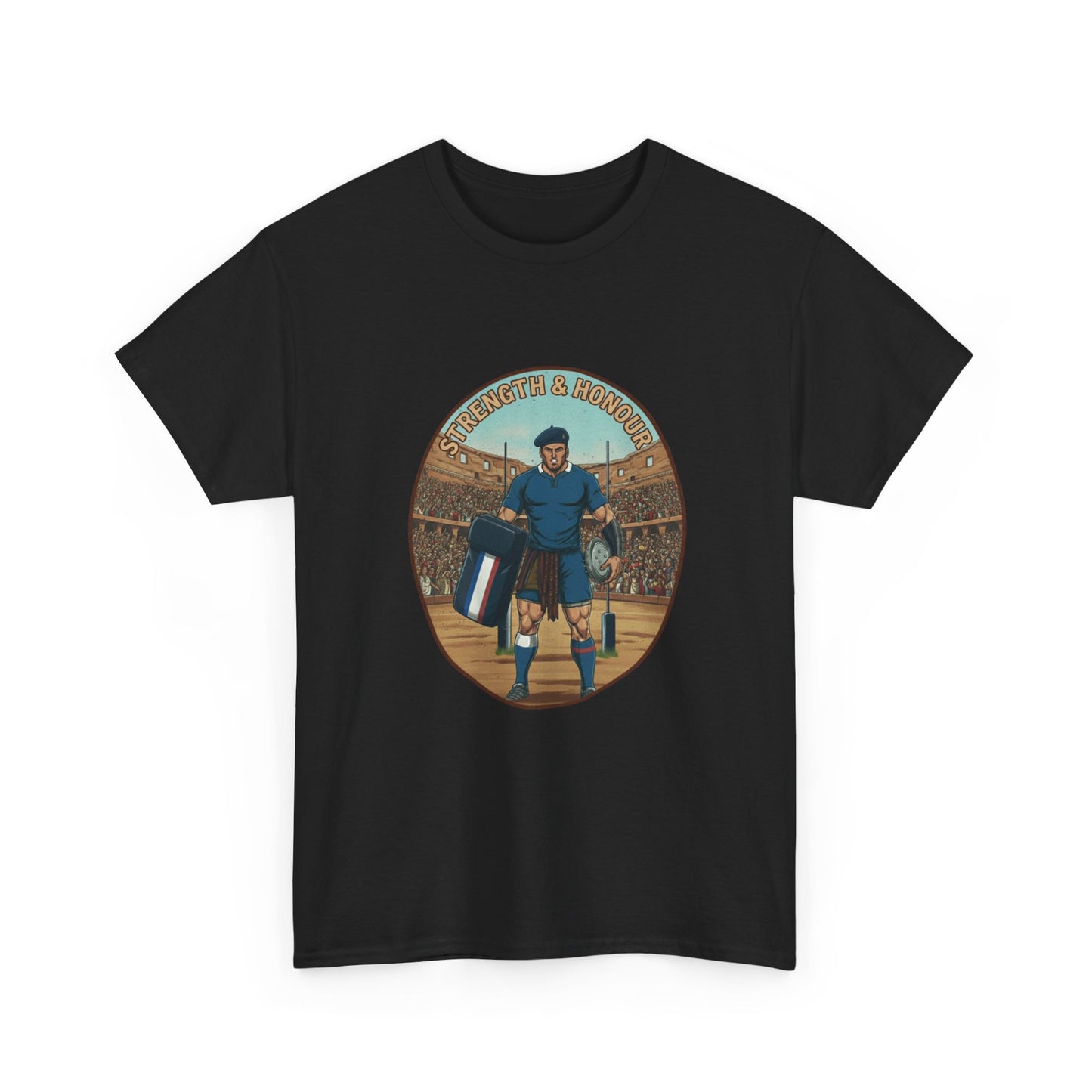 Black t-shirt with a Rugby Player in a blue outfit holding a flag, with 'Strength & Honor' text, on a white background.