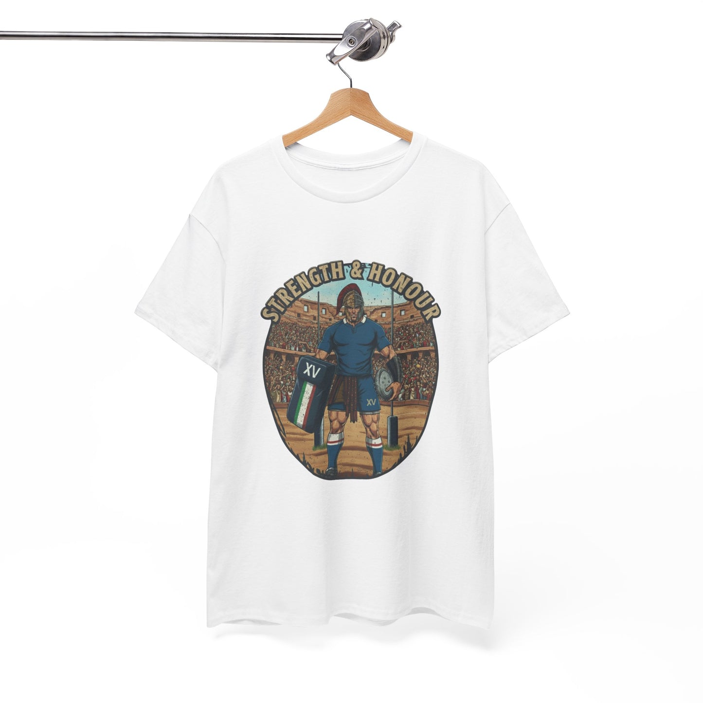 White t-shirt with a graphic of an Italian rugby player with `Strength & Honour` text on a white background, on a hanger.