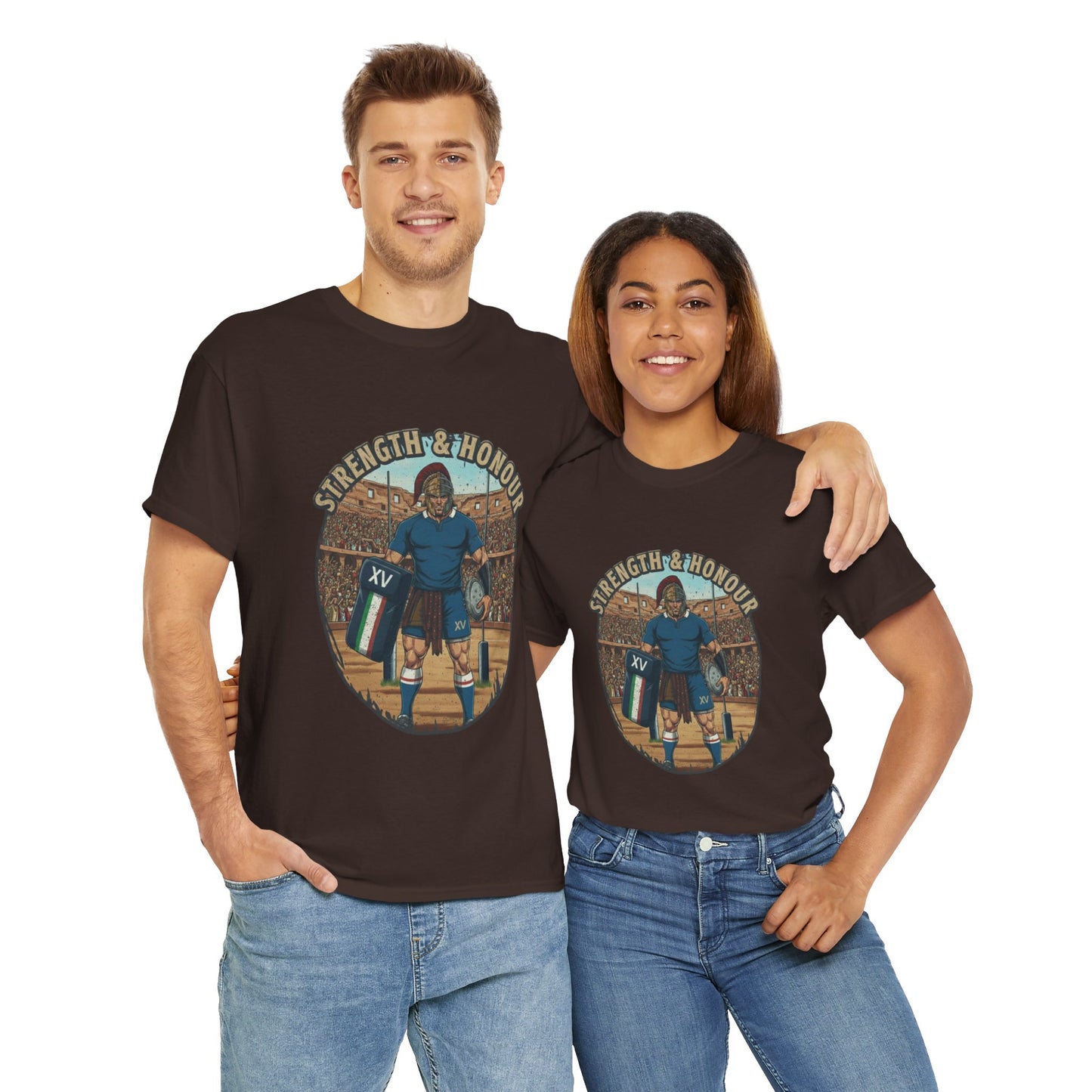 Couple wearing Brown t-shirt with a graphic of an Italian rugby player with `Strength & Honour` text on a white background
