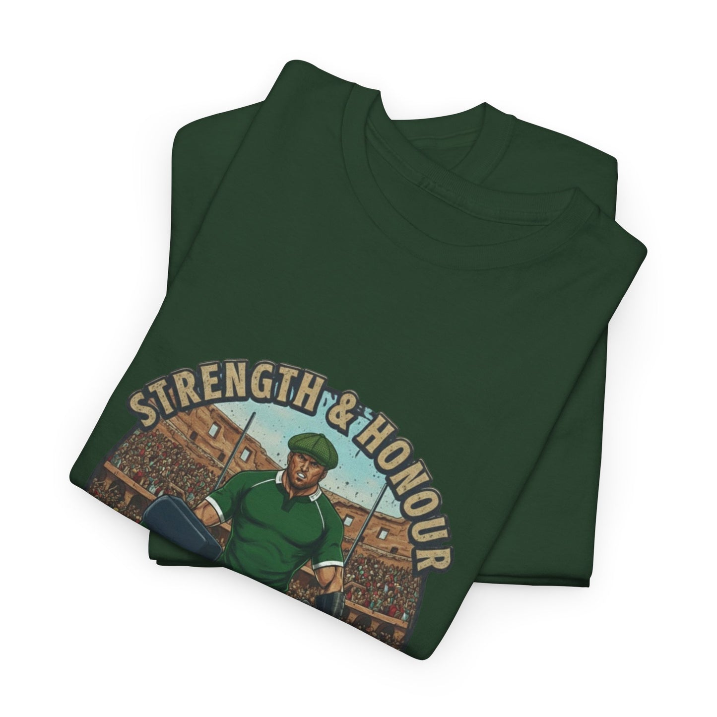 Folded Green t-shirt with a graphic of a Irish rugby player with `Strength & Honour` text on a white background