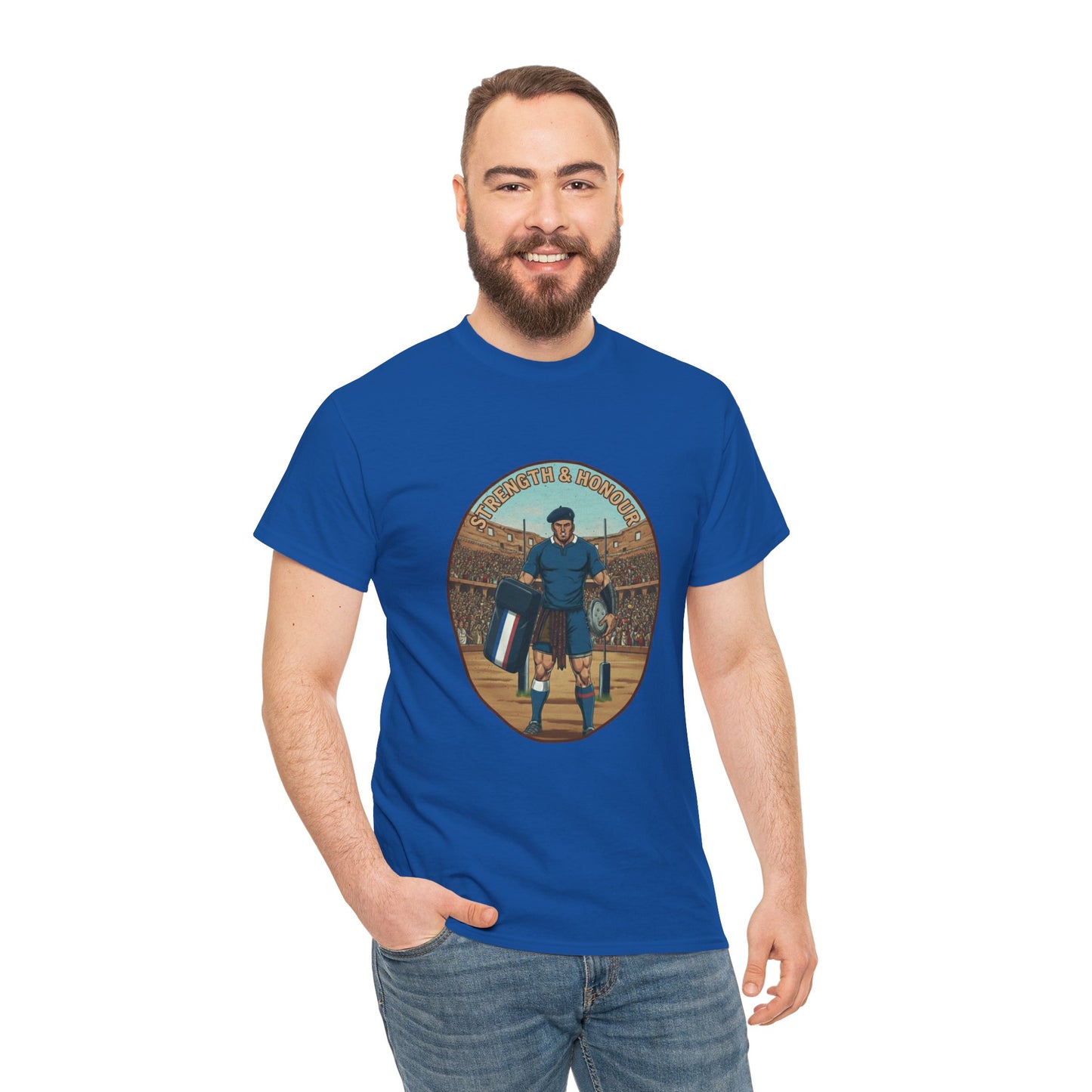 Man wearing a blue French Rugby Fan t-shirt with `Strength & Honour` text on a white background