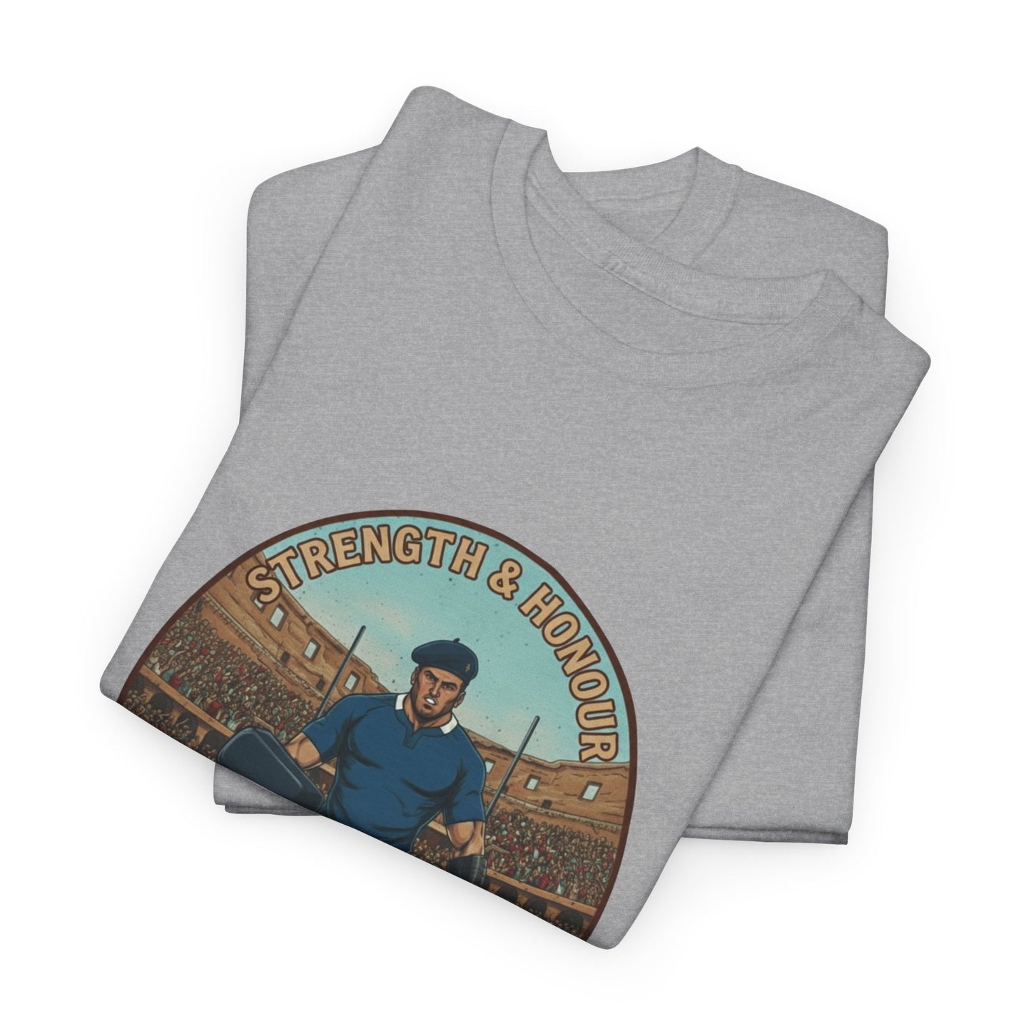 folded grey t-shirt with a graphic of a French rugby player and `Strength & Honour` text on a white background