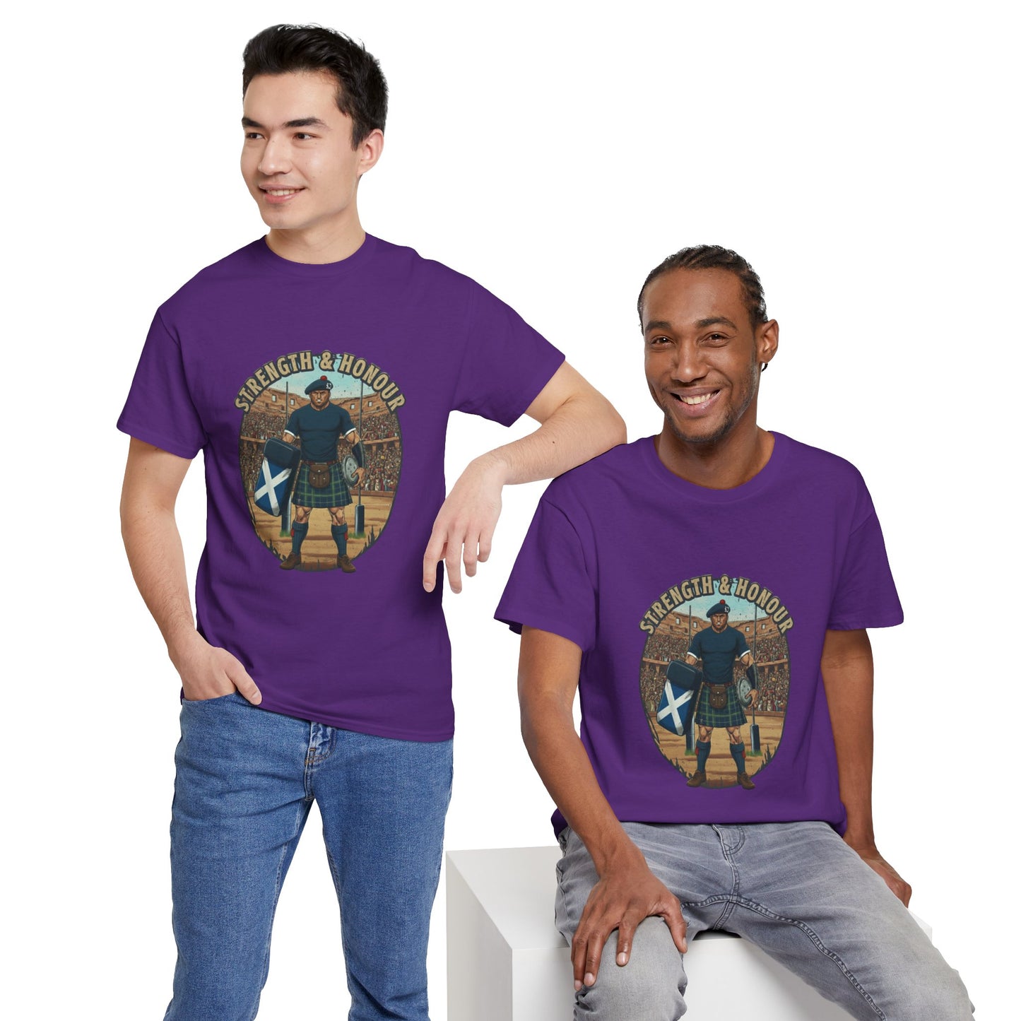 Two Men wearing a Purple t-shirt with a graphic of a Scottish rugby player wearing a kilt and `Strength & Honour` text on a white background