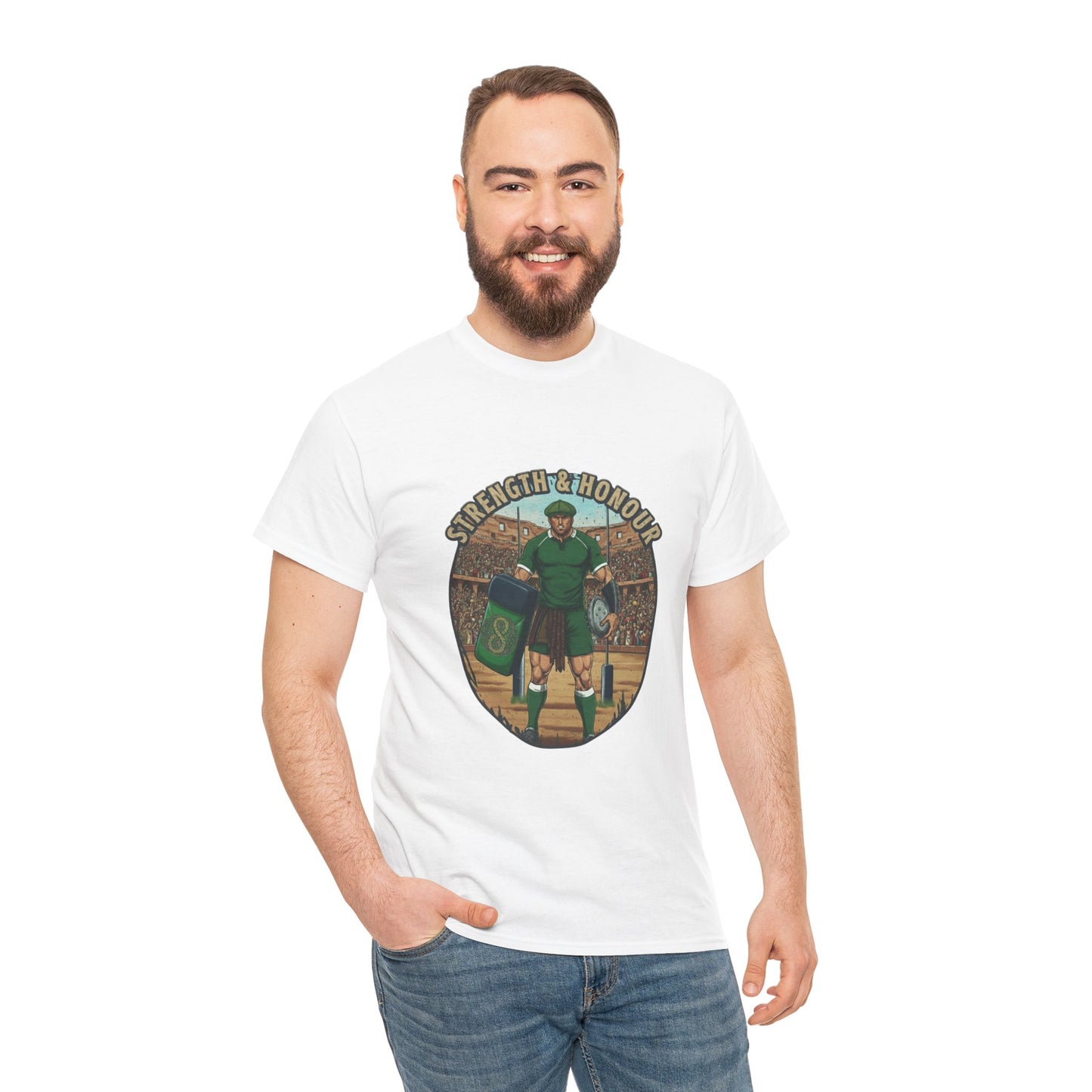 Man wearing White t-shirt with a graphic of a Irish rugby player with `Strength & Honour` text on a white background
