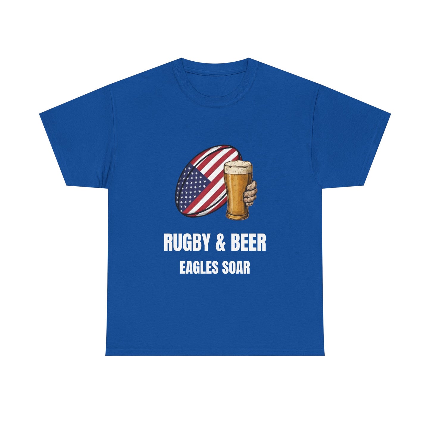 Blue Eagles Soar t-shirt with rugby and beer graphic and text on a white background