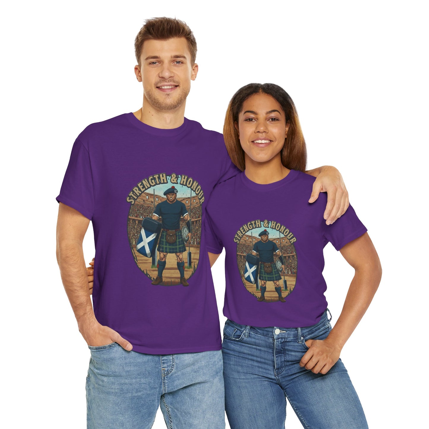 Couple wearing a Purple t-shirt with a graphic of a Scottish rugby player wearing a kilt and `Strength & Honour` text on a white background