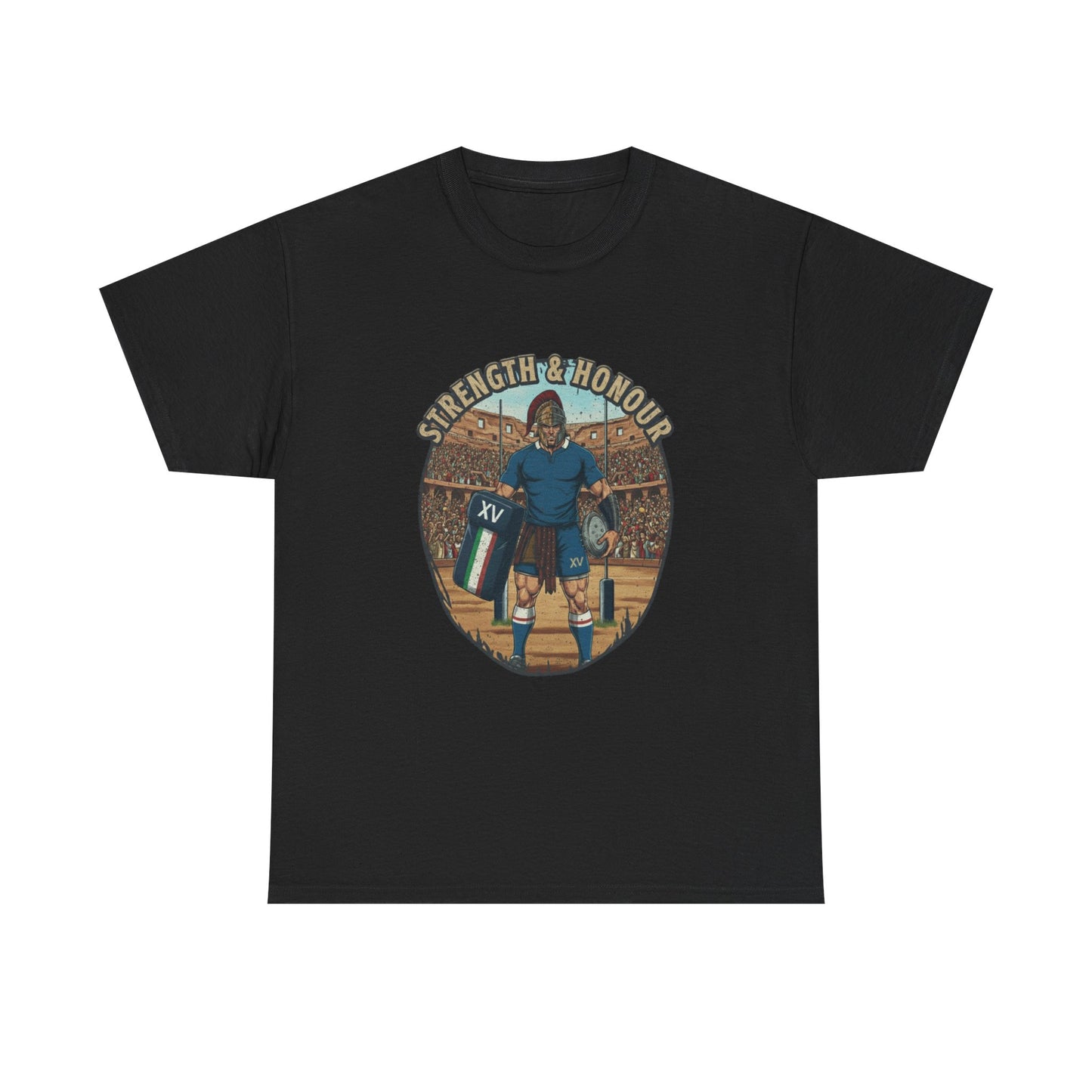 Back t-shirt with a graphic of an Italian rugby player with `Strength & Honour` text on a white background