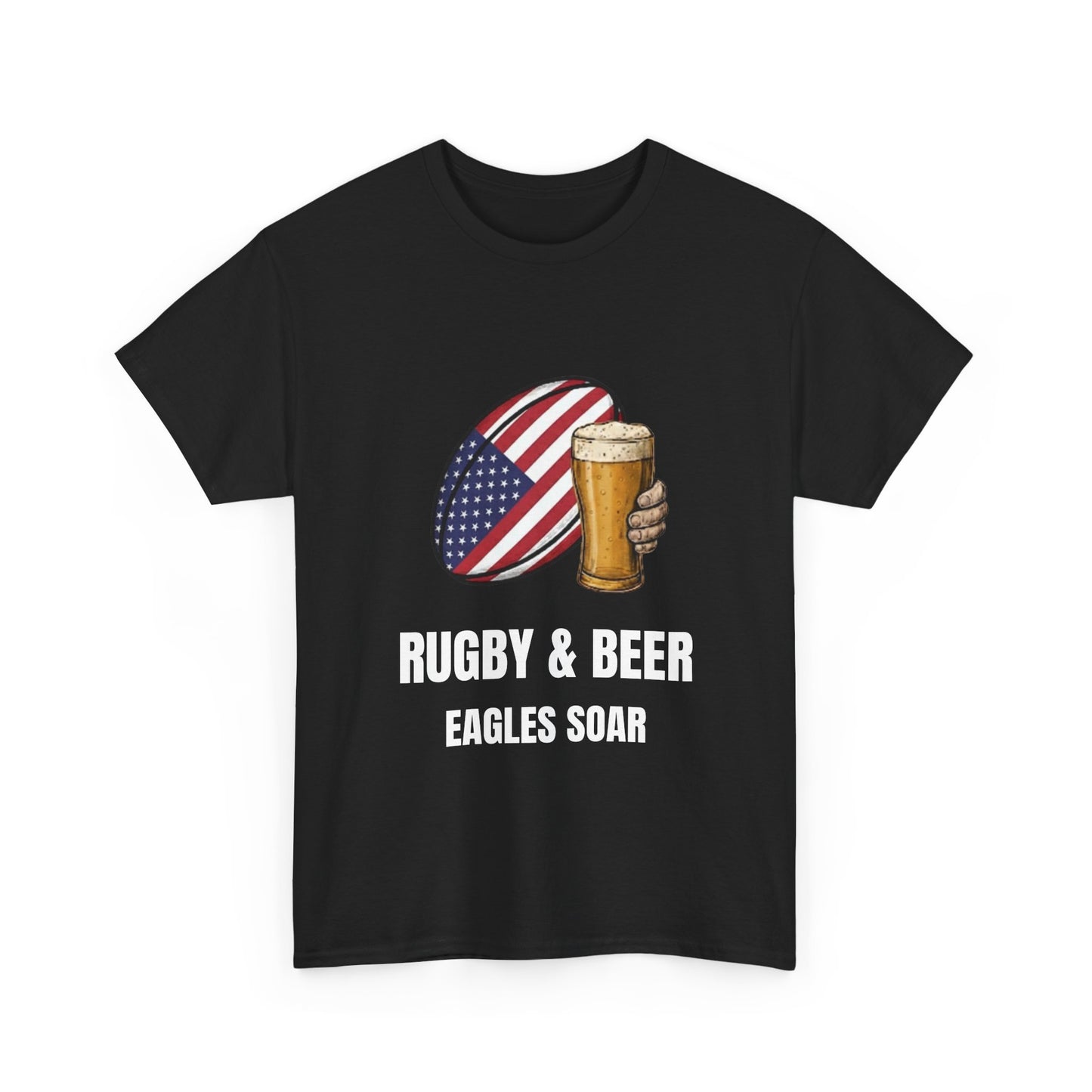 Black Eagles Soar t-shirt with rugby and beer graphic and text on a white background