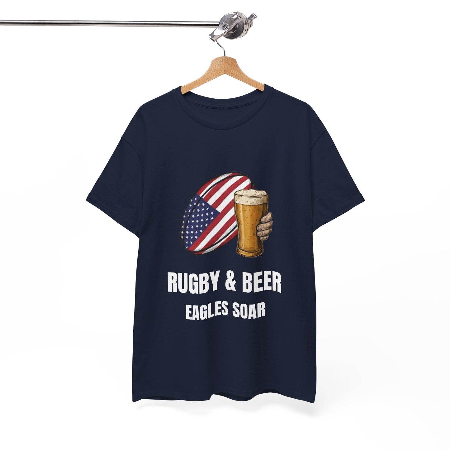 Navy blue Eagles Soar t-shirt with rugby and beer graphic and text on a white background, on a hanger