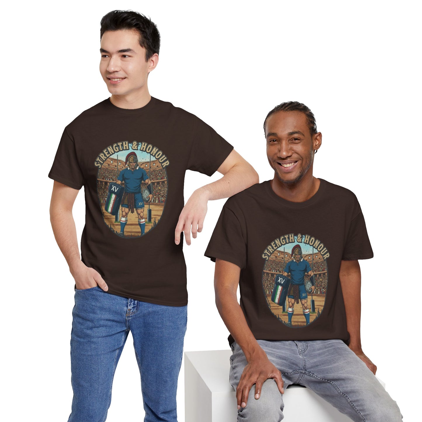 2 Men wearing Brown t-shirt with a graphic of an Italian rugby player with `Strength & Honour` text on a white background