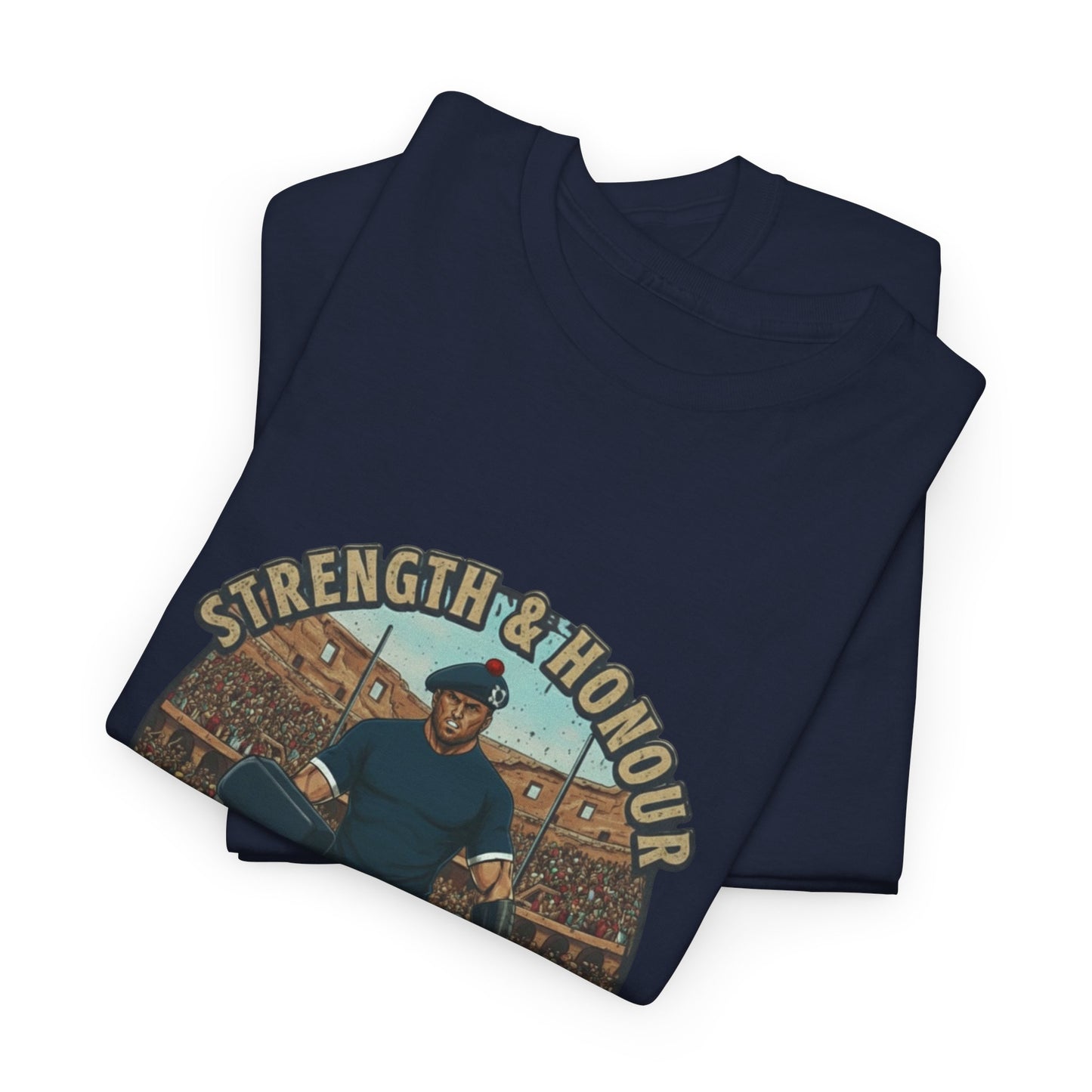 Folded Navy t-shirt with a graphic of a Scottish rugby player wearing a kilt and `Strength & Honour` text on a white background