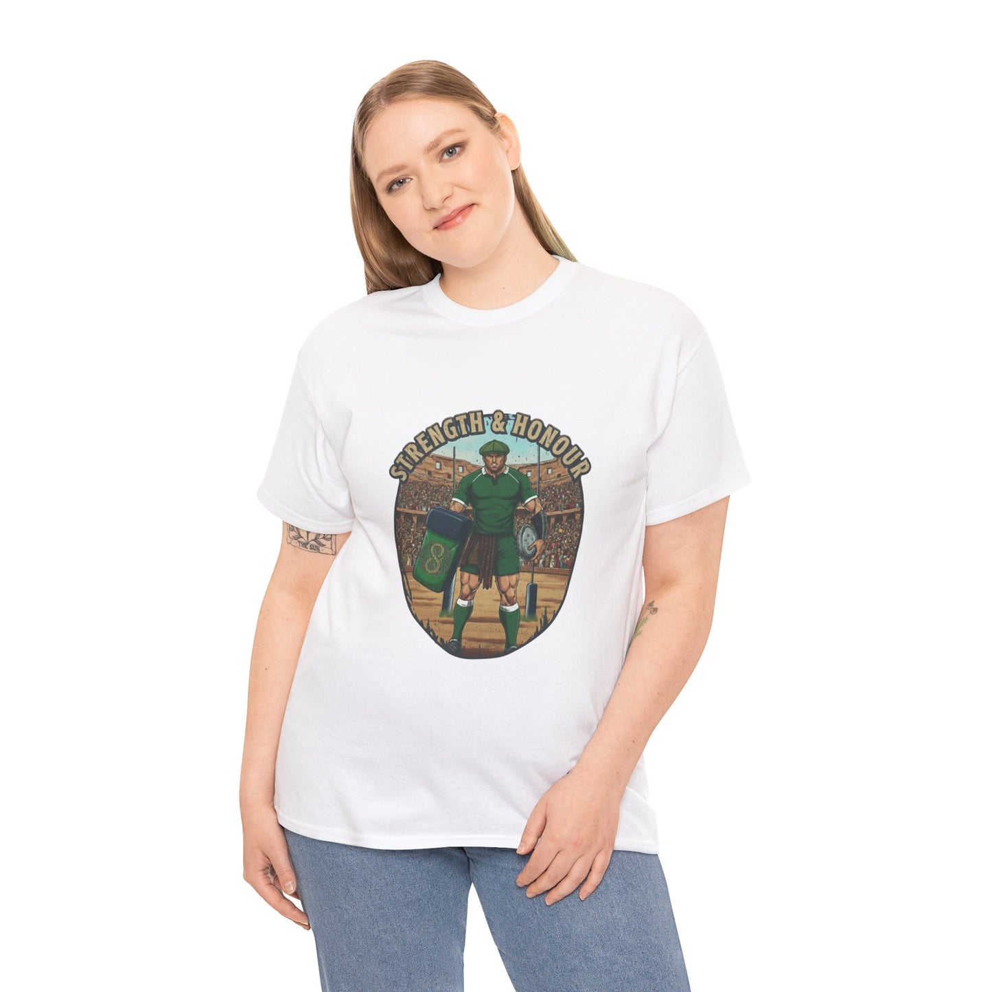 Woman wearing White t-shirt with a graphic of a Irish rugby player with `Strength & Honour` text on a white background