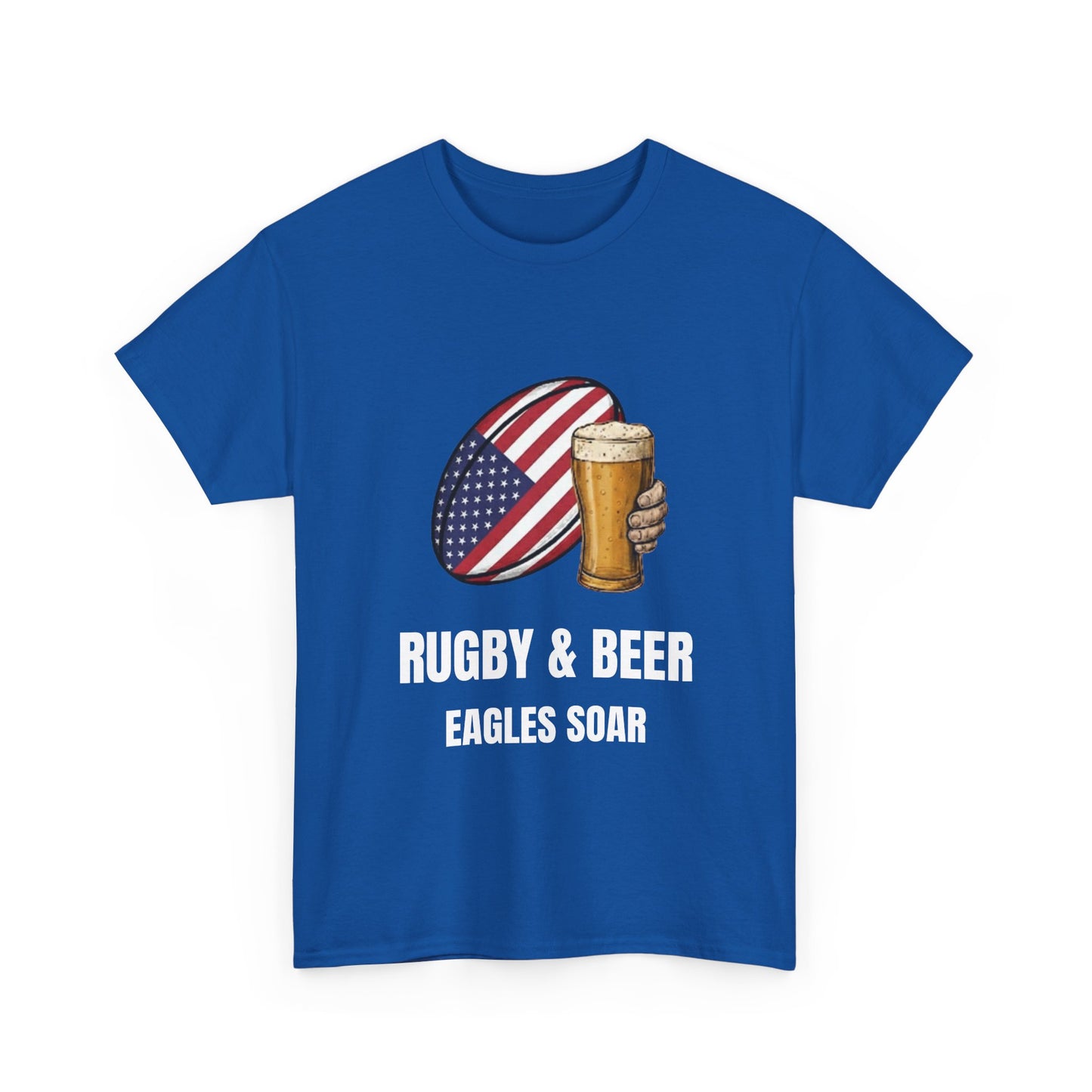 Blue Eagles Soar t-shirt with rugby and beer graphic and text on a white background