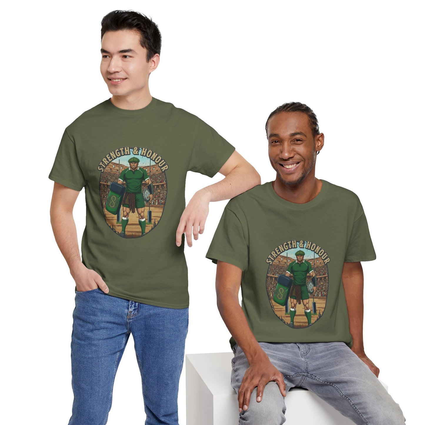 Two Men wearing Army green t-shirt with a graphic of a Irish rugby player with `Strength & Honour` text on a white background