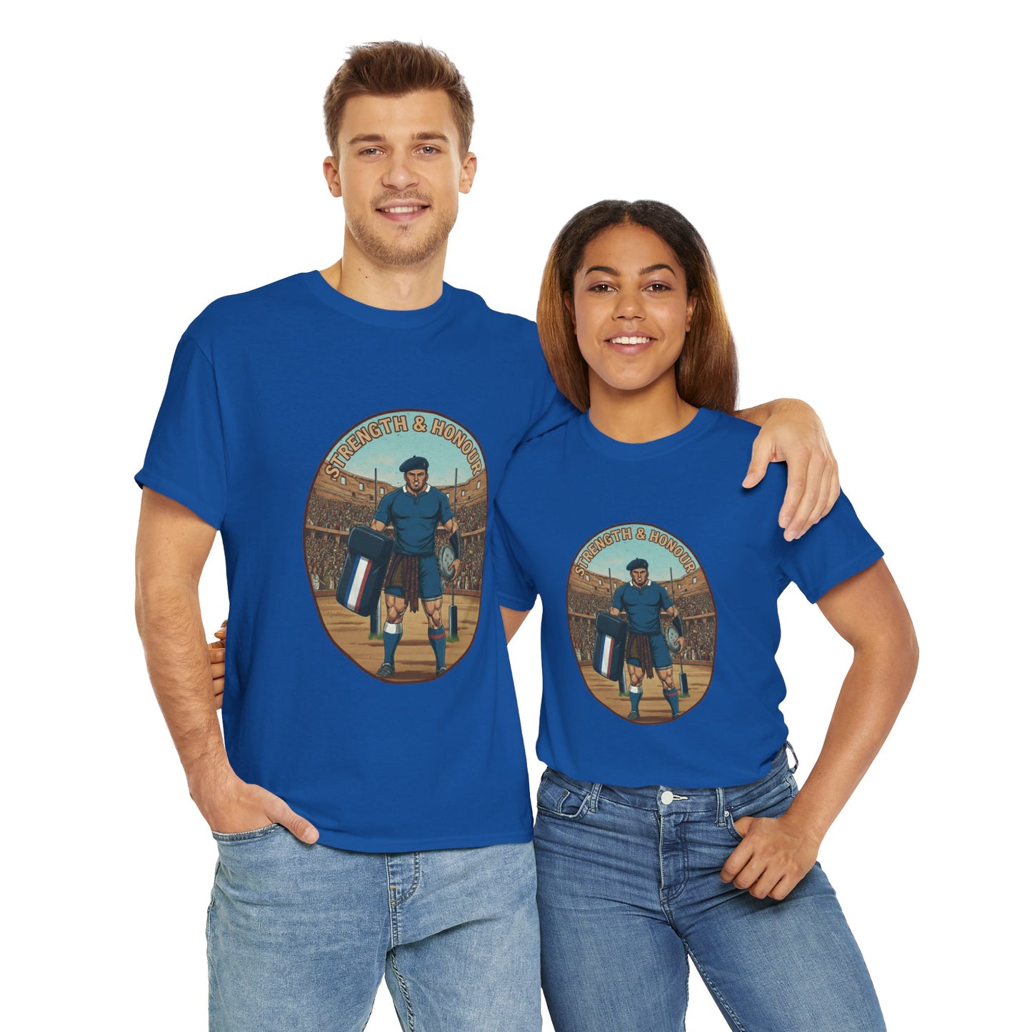 Couple wearing a blue French Rugby Fan t-shirt with `Strength & Honour` text on a white background