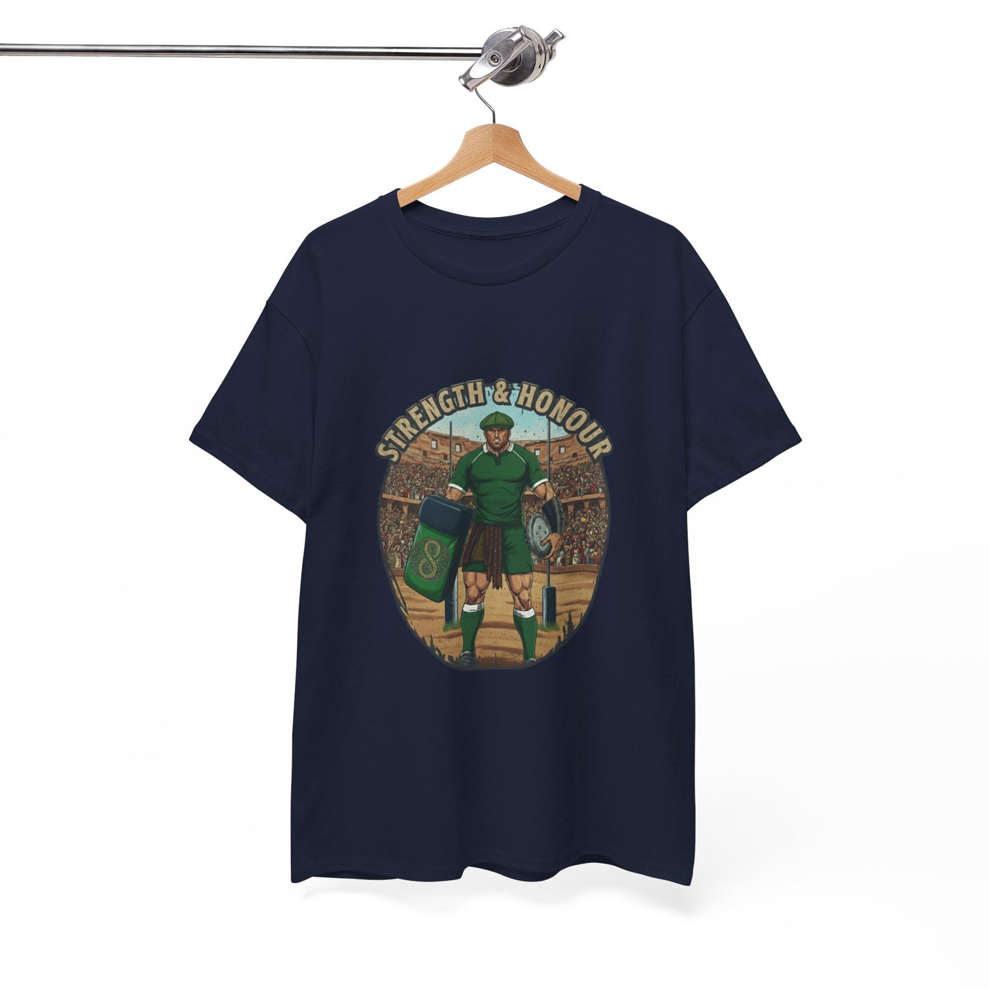 Navy t-shirt with a graphic of a Irish rugby player with `Strength & Honour` text on a white background, on a hanger.