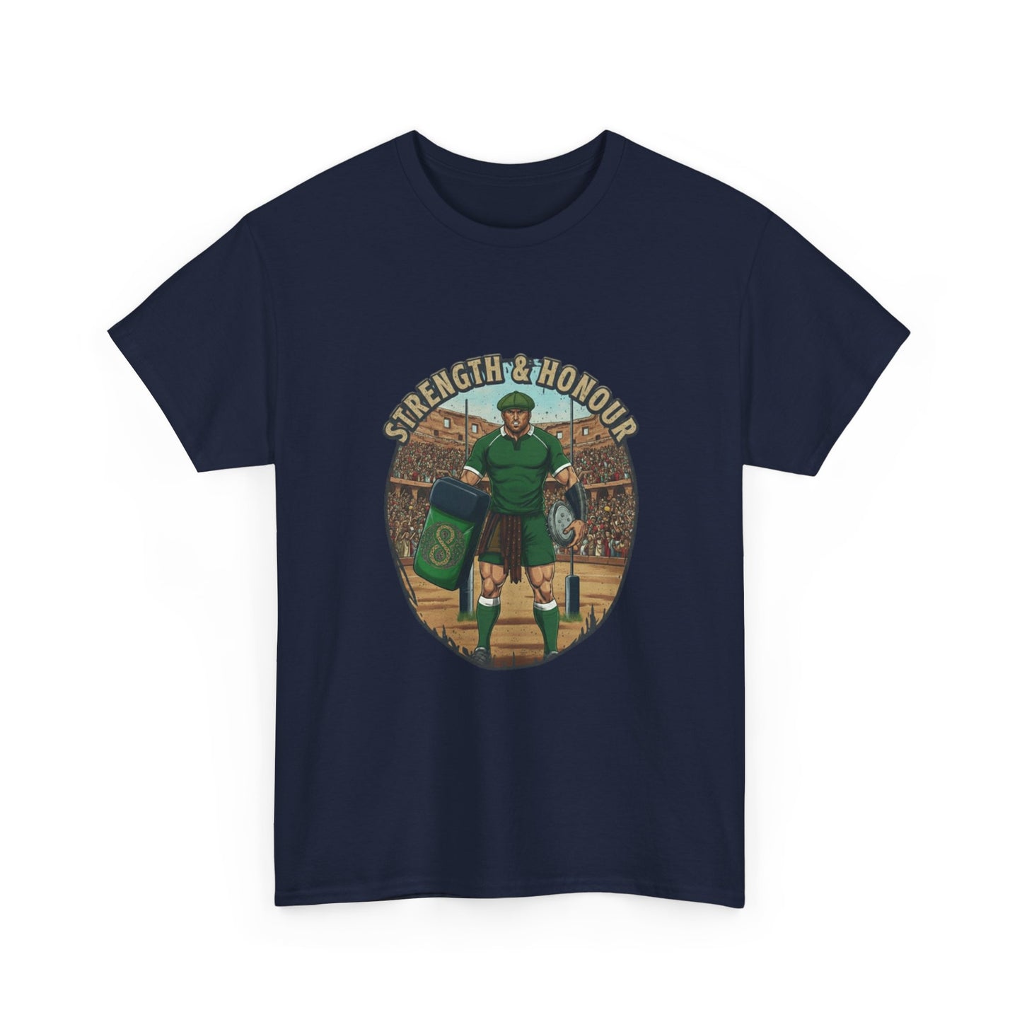 Navy t-shirt with a graphic of a Irish rugby player with `Strength & Honour` text on a white background