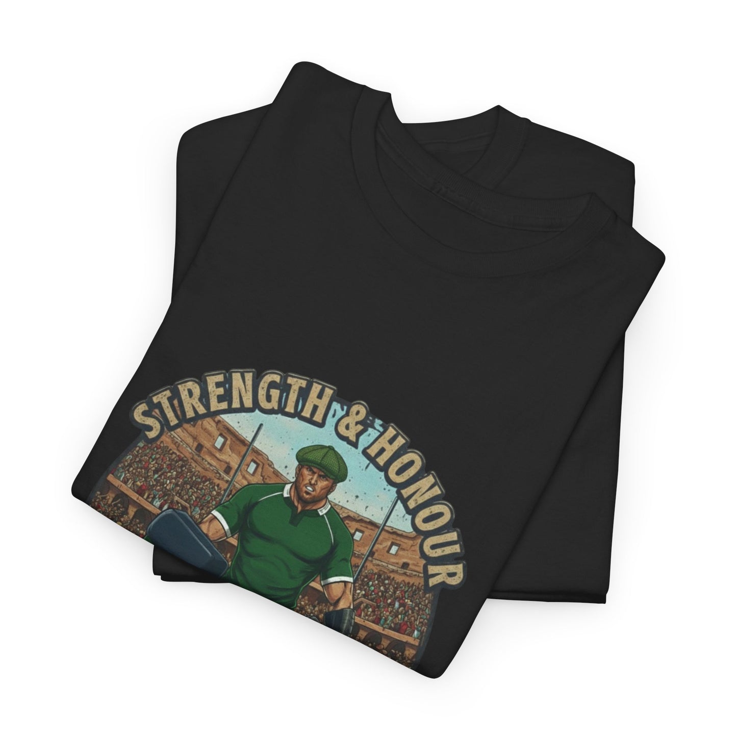 Folded Black t-shirt with a graphic of a Irish rugby player with `Strength & Honour` text on a white background
