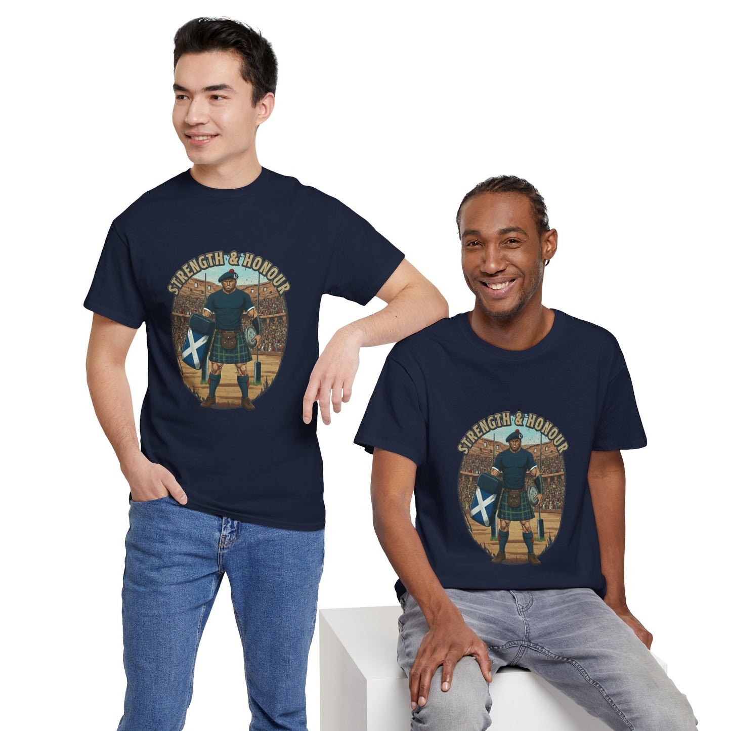 Two men wearing a Navy t-shirt with a graphic of a Scottish rugby player wearing a kilt and `Strength & Honour` text on a white background