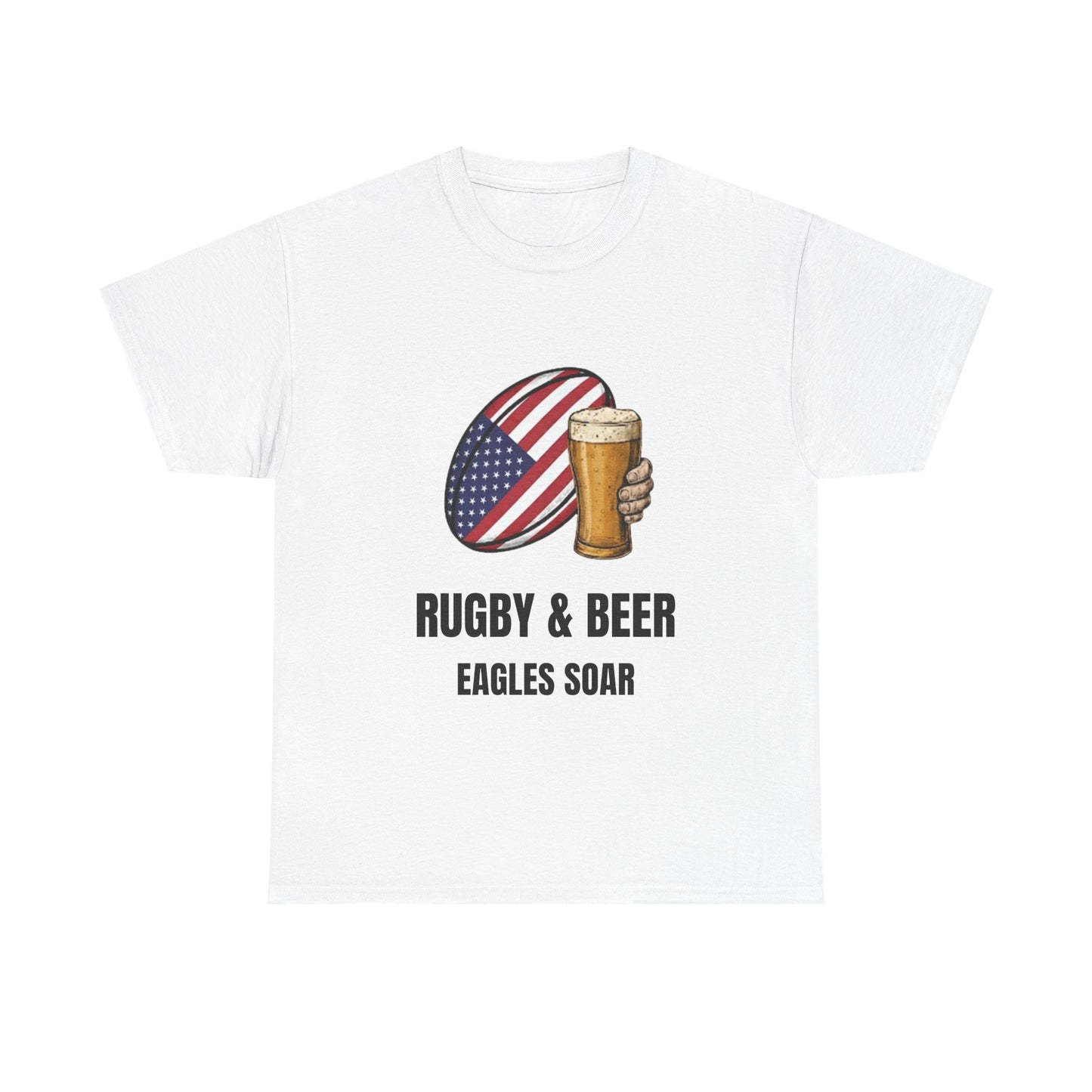 White Eagles Soar t-shirt with rugby and beer graphic and text on a white background