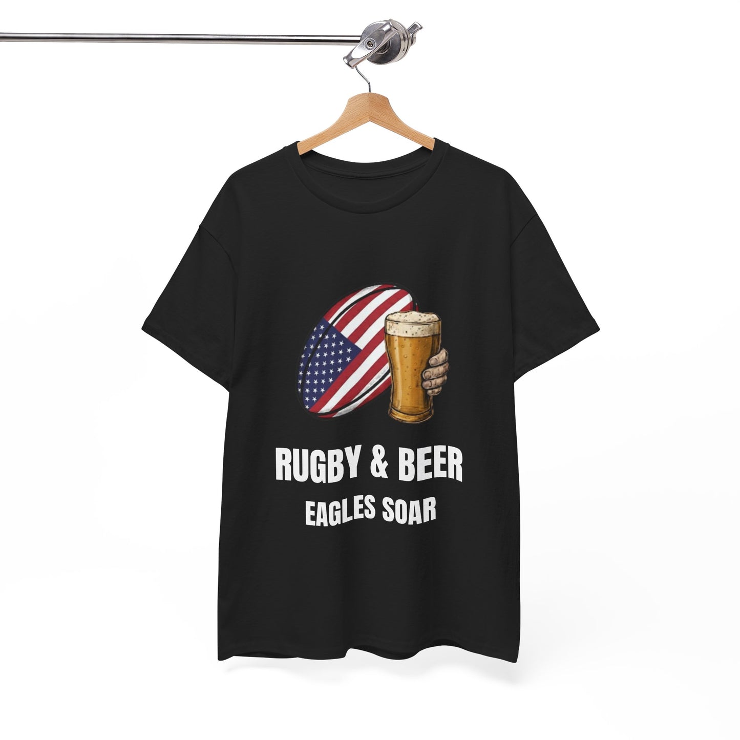 Black Eagles Soar t-shirt with rugby and beer graphic and text on a white background, on a hanger