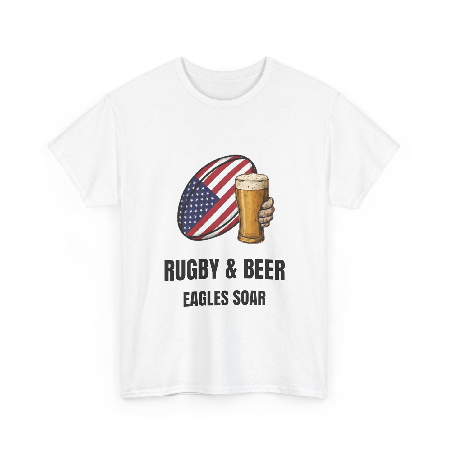 White Eagles Soar t-shirt with rugby and beer graphic and text on a white background loose