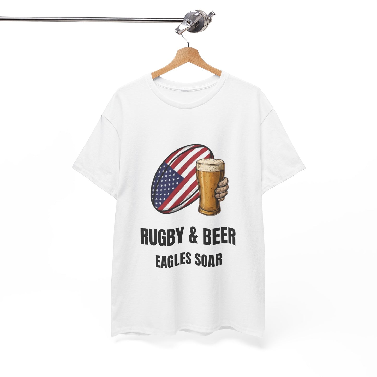 White Eagles Soar t-shirt with rugby and beer graphic and text on a white background, on a hanger