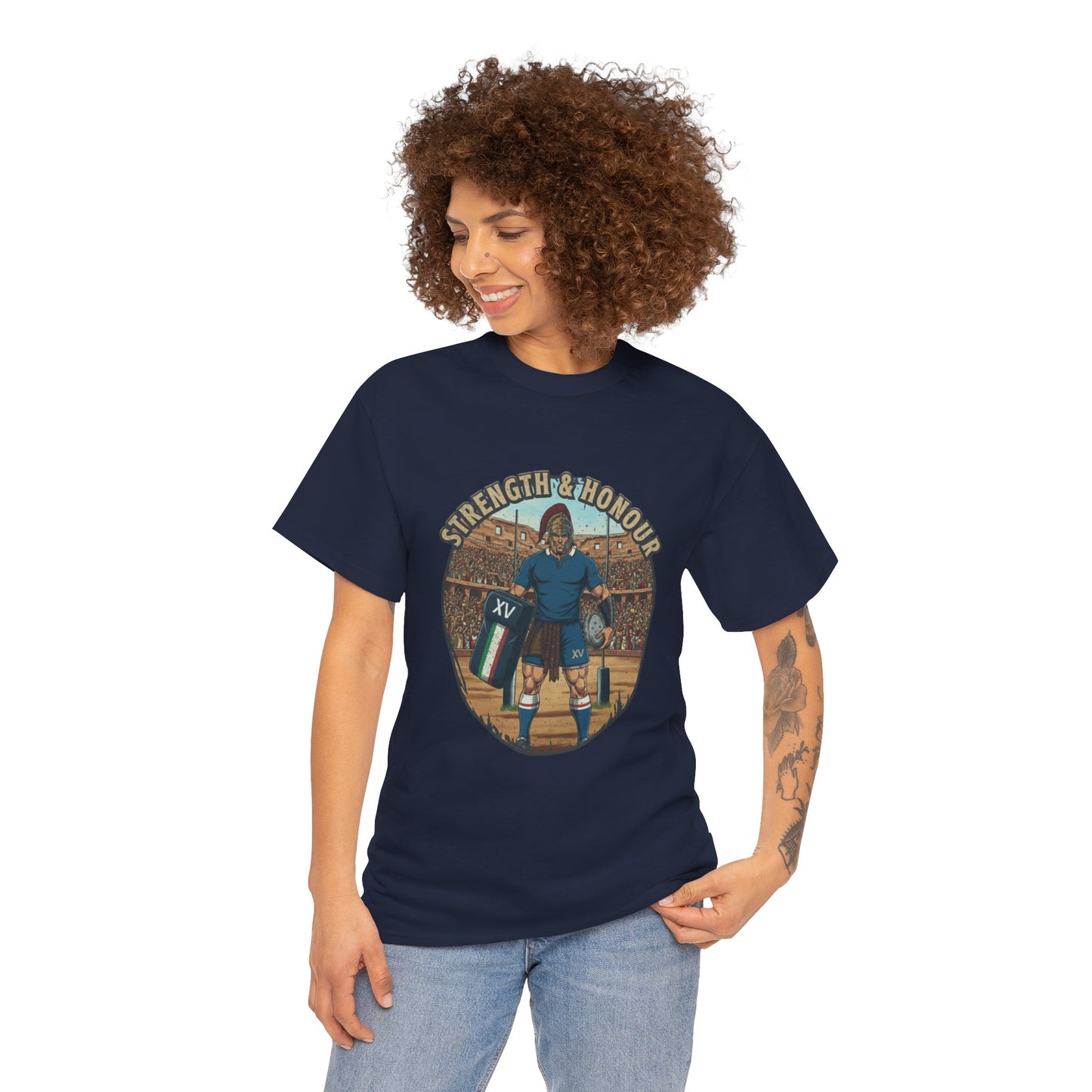 Woman wearing Navy t-shirt with a graphic of an Italian rugby player with `Strength & Honour` text on a white background