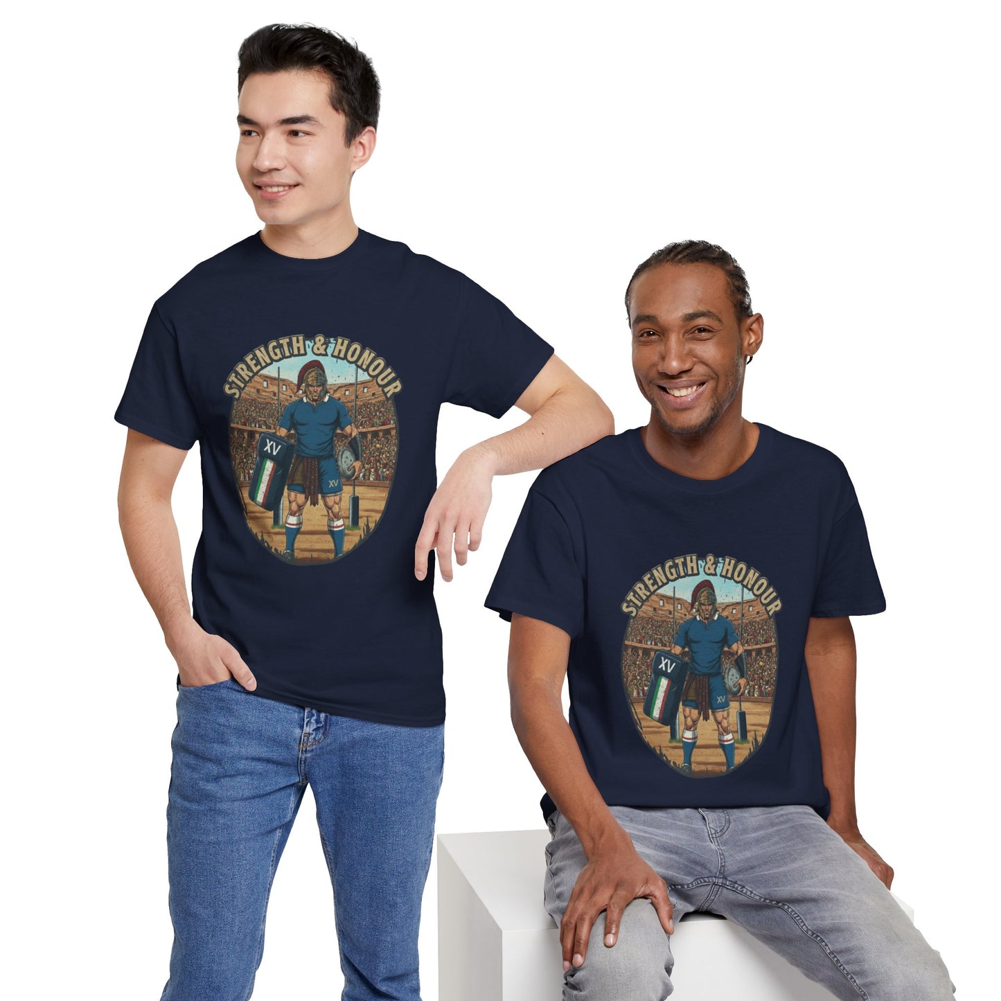 2 Men wearing Navy t-shirt with a graphic of an Italian rugby player with `Strength & Honour` text on a white background