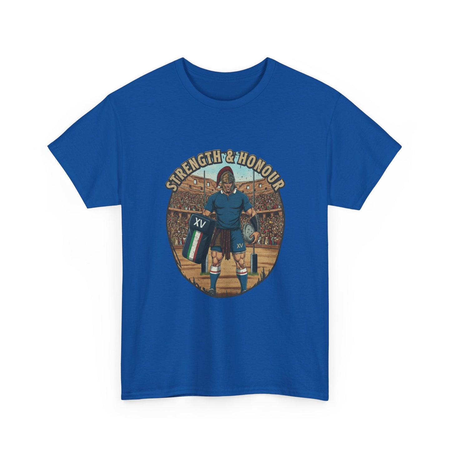 Blue t-shirt with a graphic of an Italian rugby player with `Strength & Honour` text on a white background