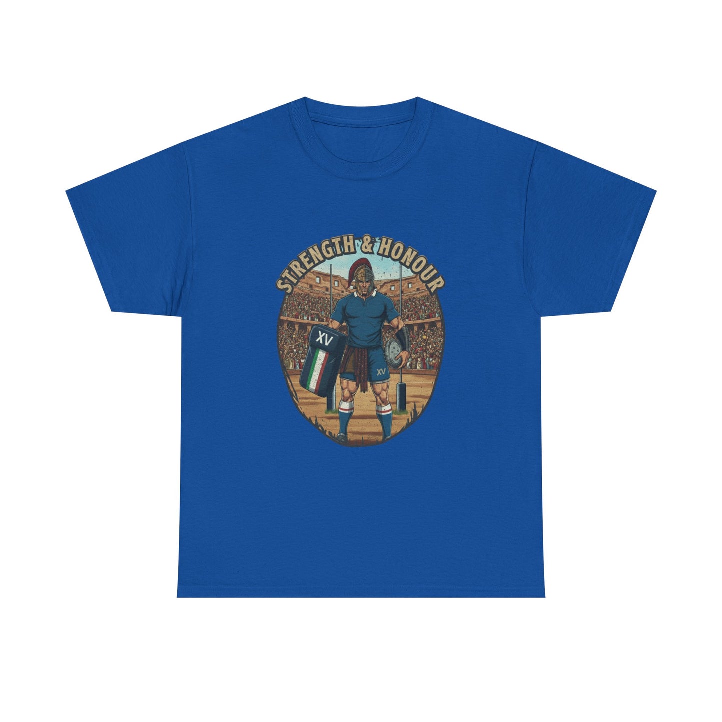 Blue t-shirt with a graphic of an Italian rugby player with `Strength & Honour` text on a white background