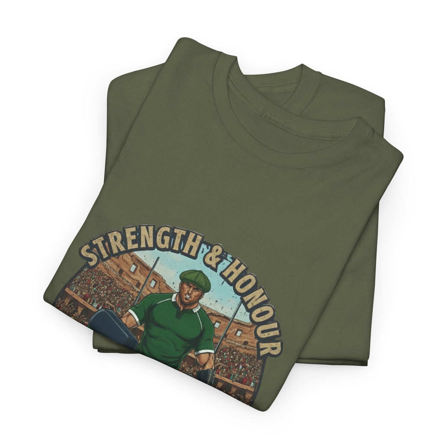 Folded Army green t-shirt with a graphic of a Irish rugby player with `Strength & Honour` text on a white background